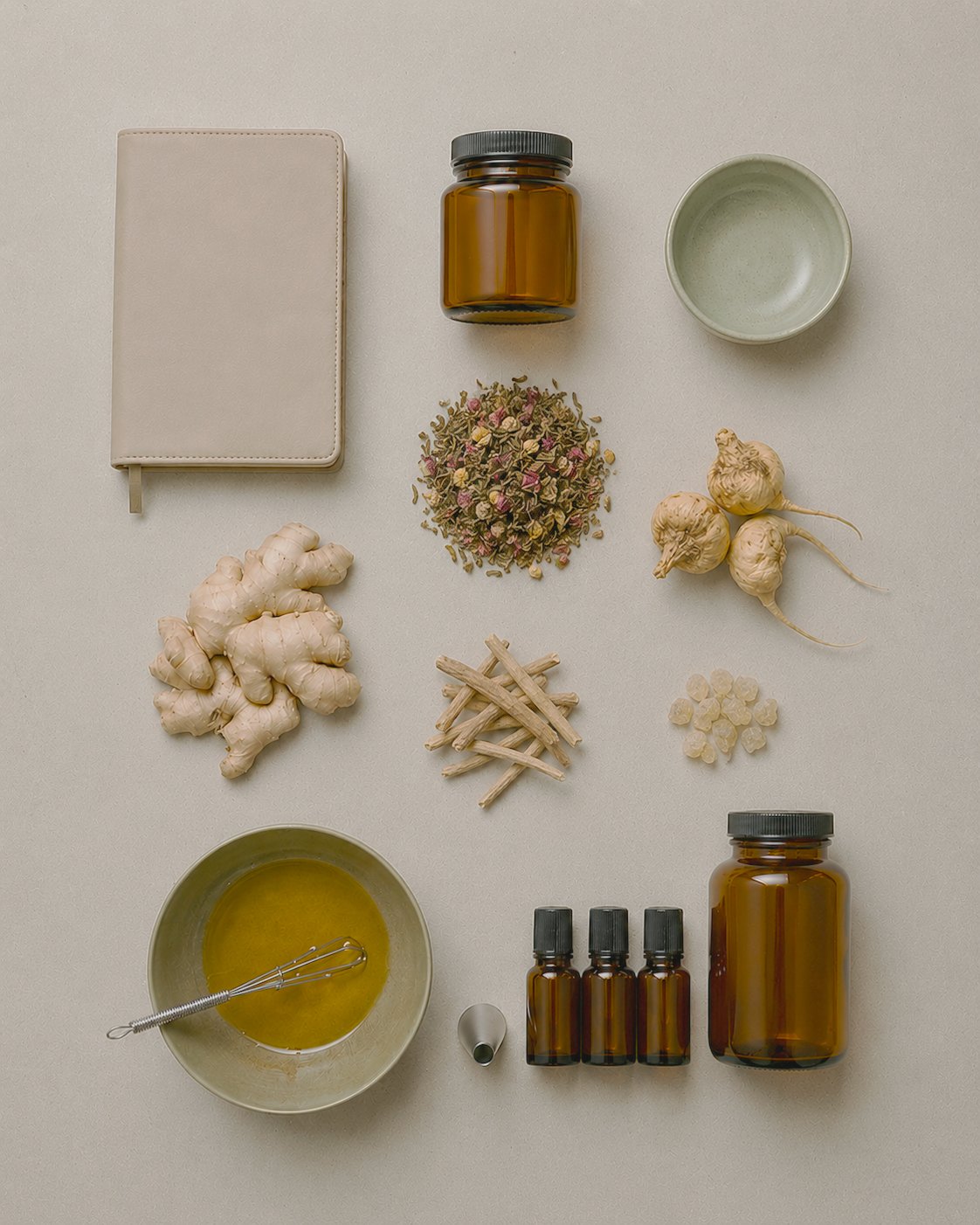 Flat lay of supplements and dried herbs