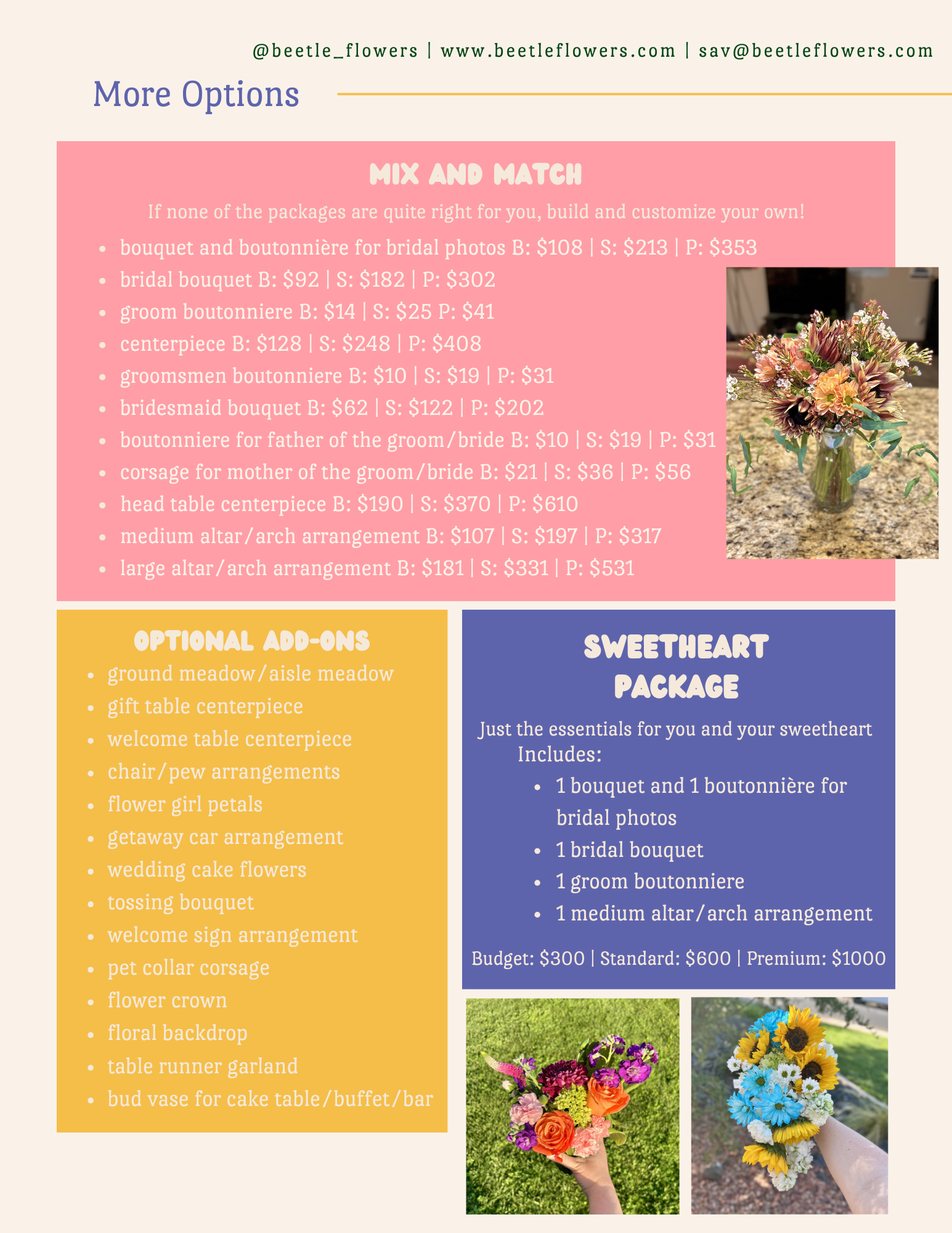 A webpage offering wedding flower packages, including options like bouquets, boutonnieres, centerpieces, and add-ons. The page features a pink section listing various package details and prices, and to the right, there are two photos of colorful flower bouquets.