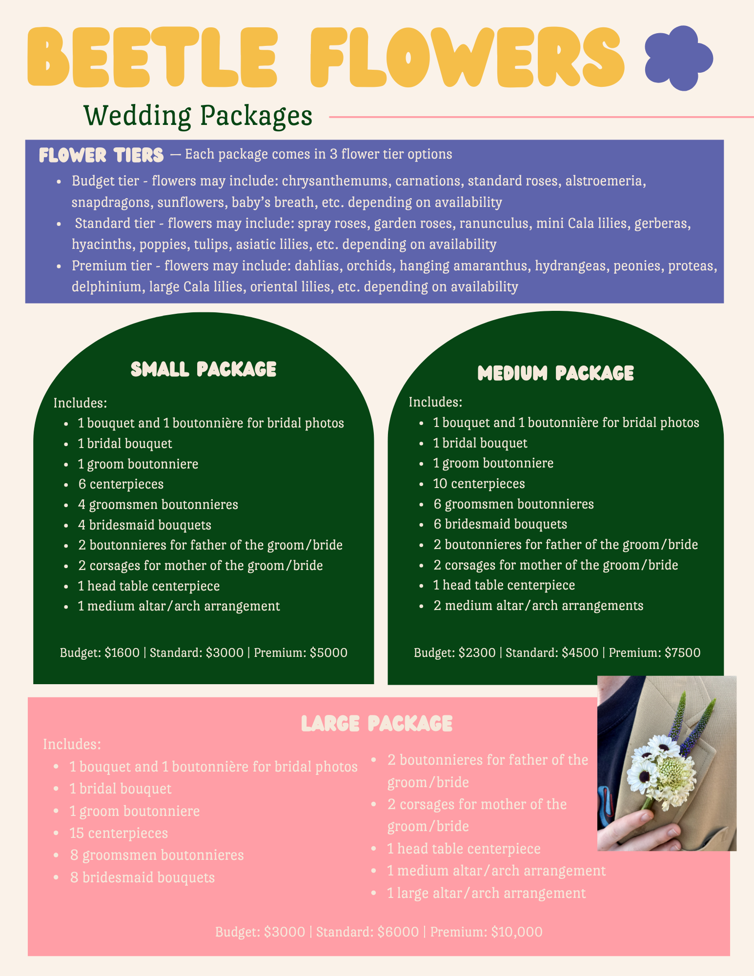 A wedding flower package price list with three tiers: small, medium, and large, each with different flower options and pricing, displayed on a colorful poster.