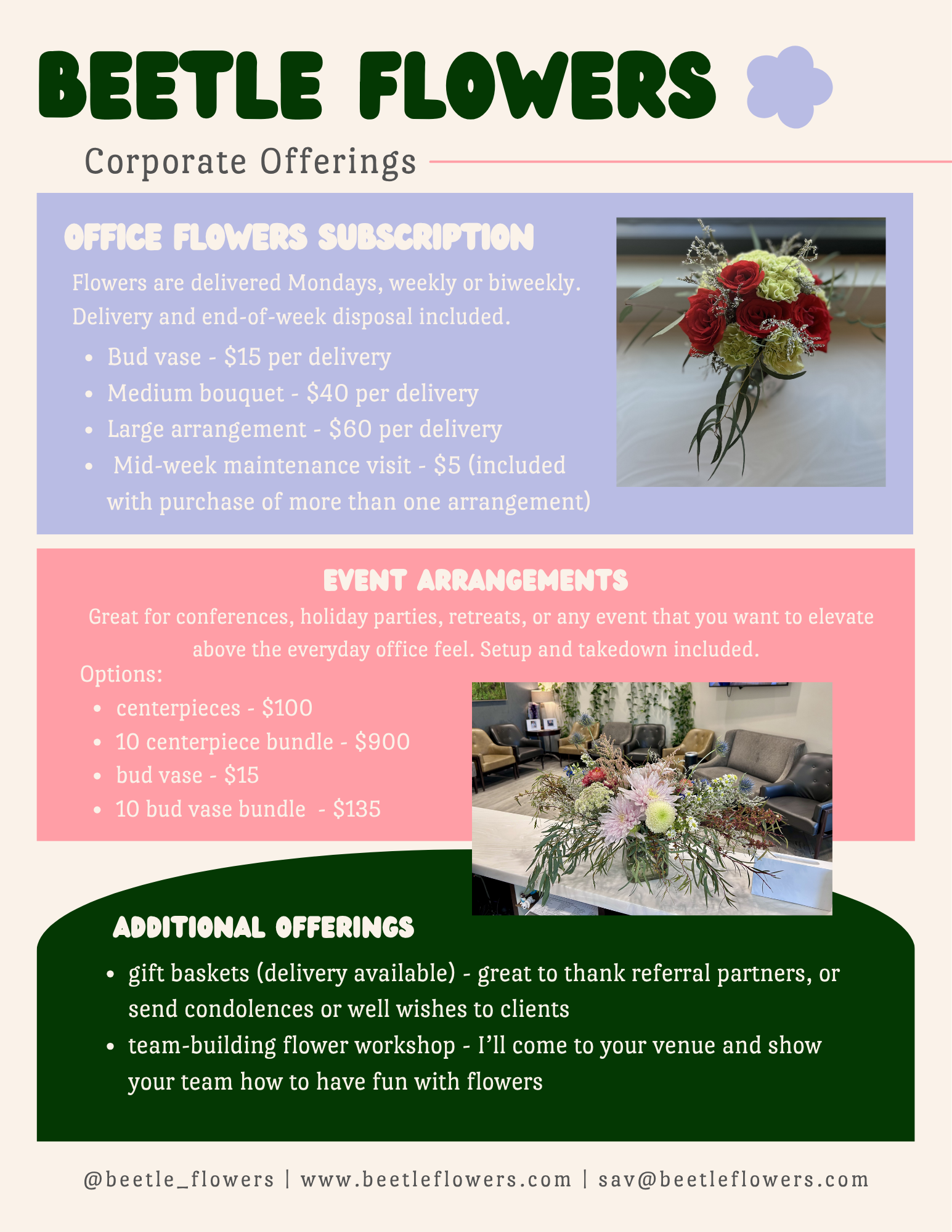 A promotional flyer for Beetle Flowers showing their corporate and additional offers, including flower subscriptions, event arrangements, and gift baskets, featuring images of floral arrangements and contact information at the bottom.