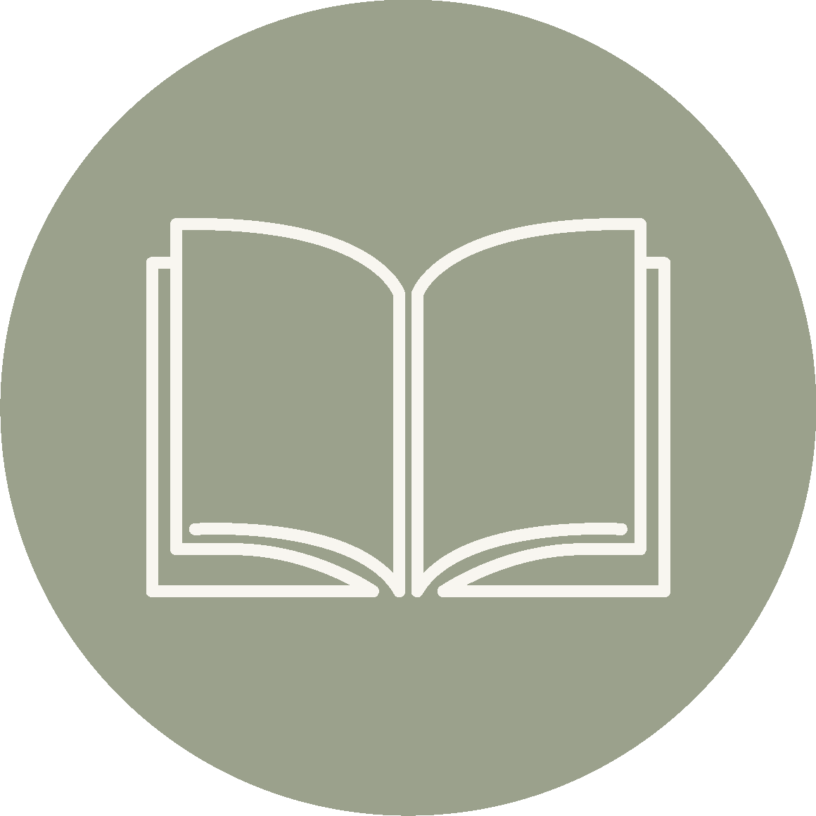 Line drawing of an open book on a sage green circular background.