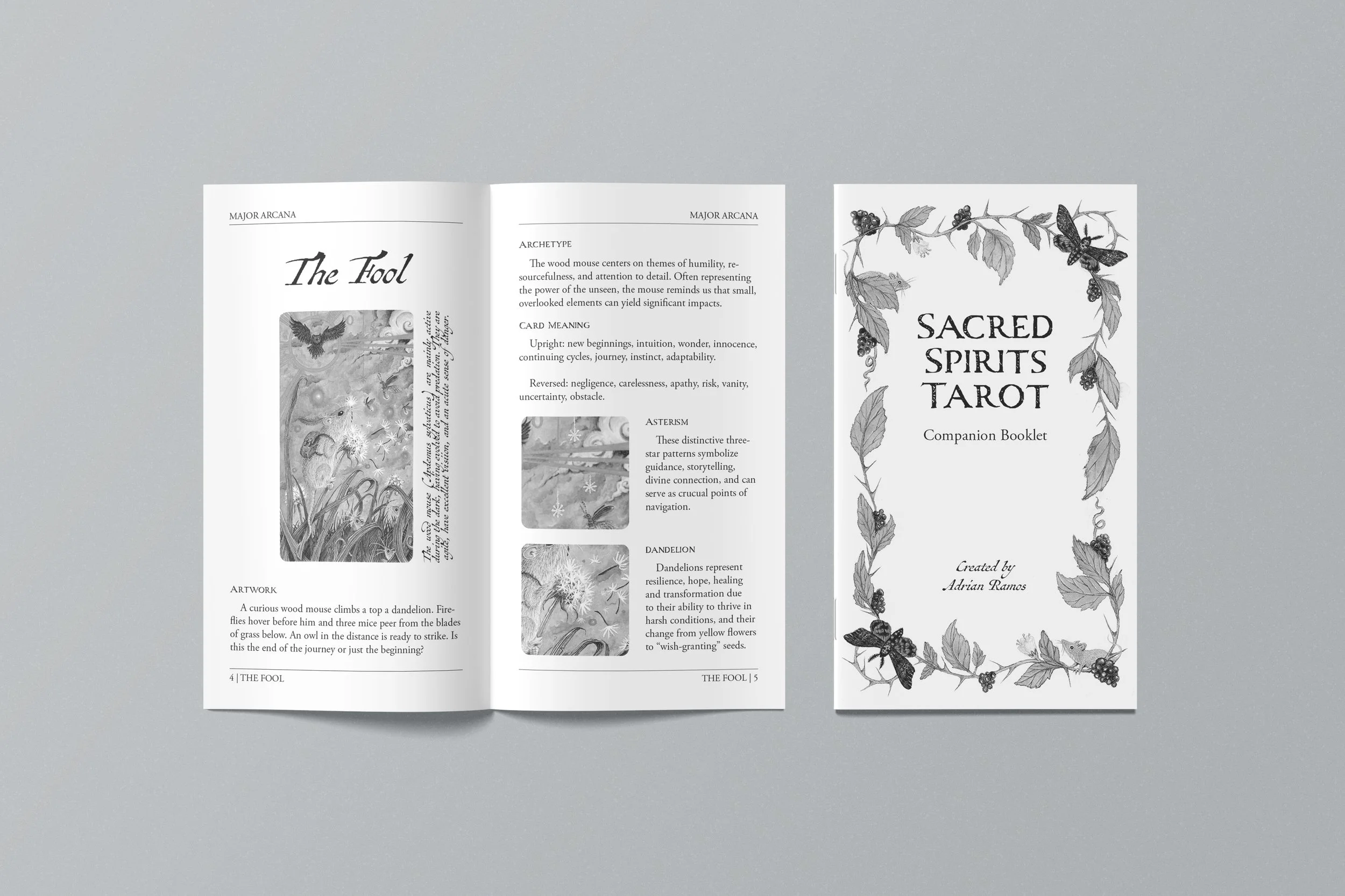 Open booklet titled 'Sacred Spirits Tarot' with decorative border of leaves and berries on the cover. The booklet is placed on a plain grey surface.
