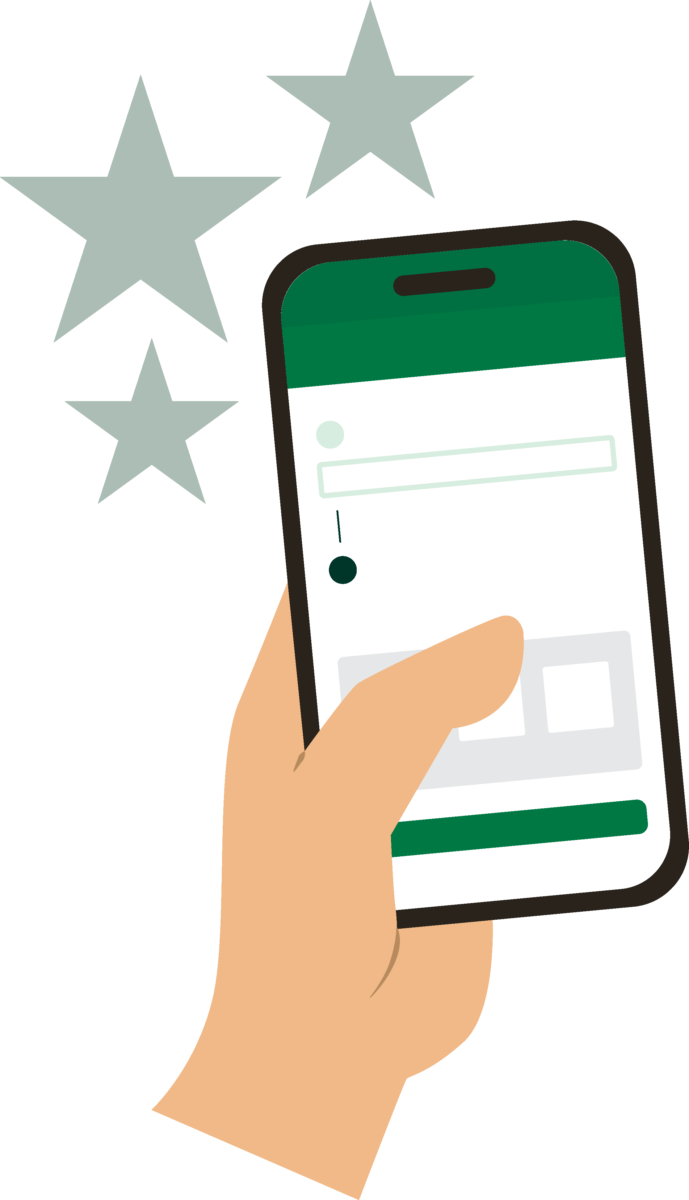 A hand holding a smartphone displaying an app with three stars above the phone.