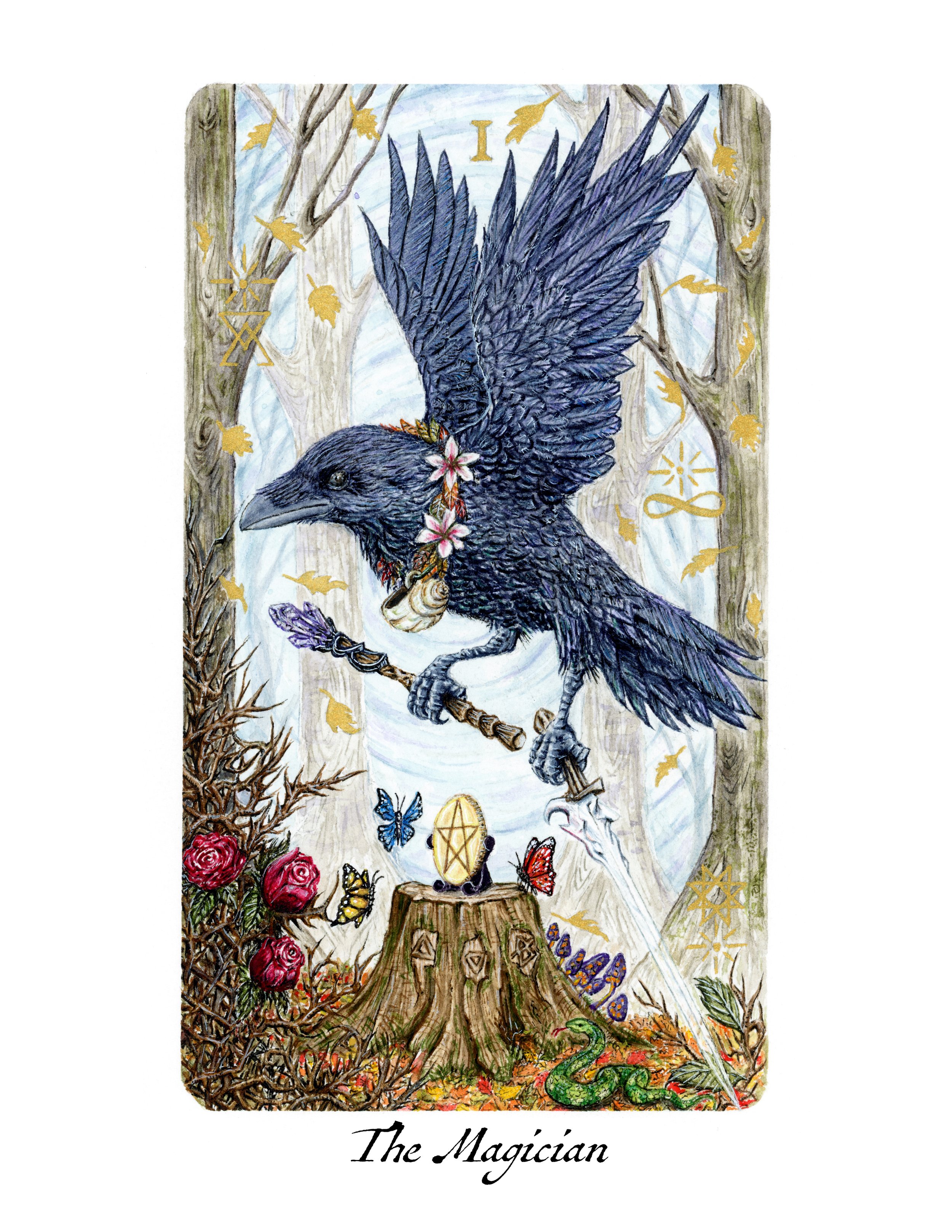 Tarot card titled "The Magician" featuring a raven perched carrying a sword and wand, surrounded by various esoteric symbols, roses, and magical elements in a detailed, artistic style.