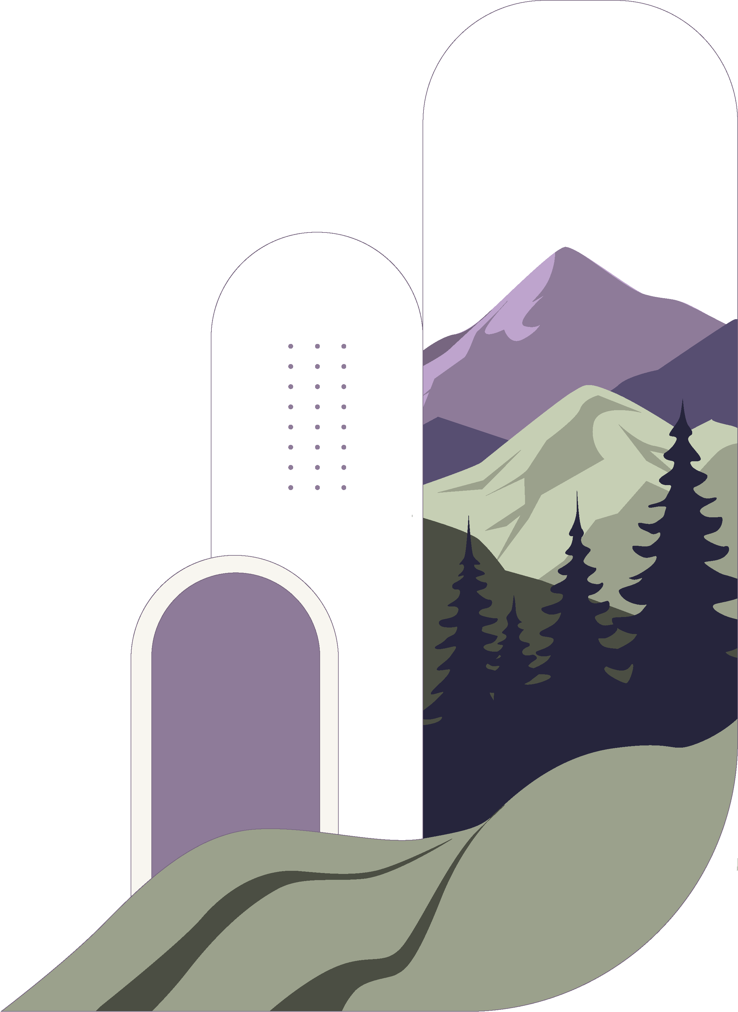 A surreal digital illustration of a landscape featuring a mountain range with purple and gray tones, evergreen trees, and a large, purple, arched portal with a circular opening in the center.
