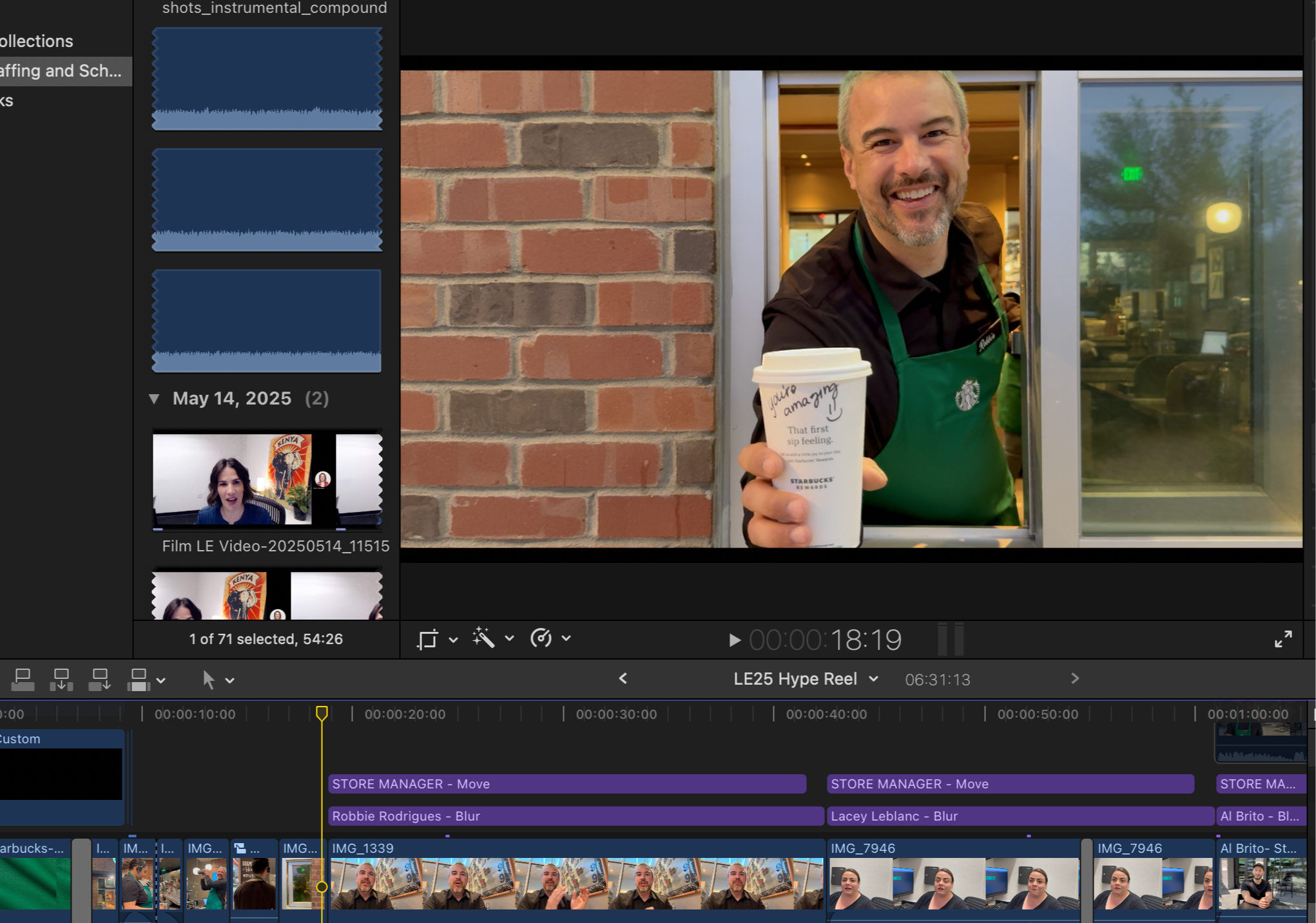 A man in a Starbucks apron is smiling and holding a coffee cup, standing by a window. The coffee cup has a note that says 'you're amazing' with a smiley face, and the background shows the interior of a Starbucks store and a tree outside.