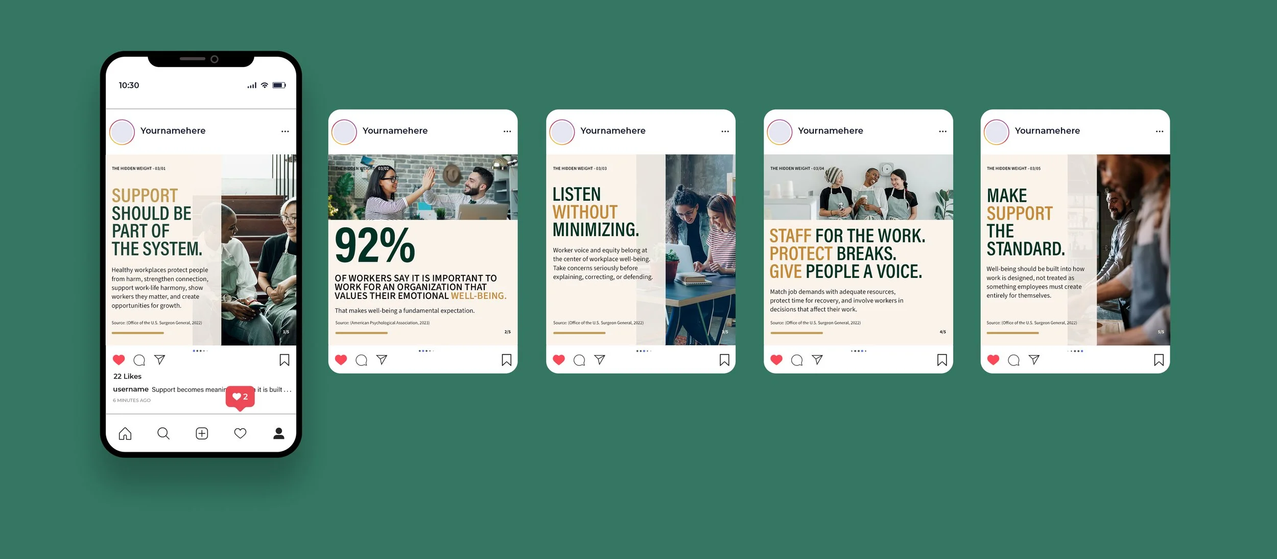 Instagram carousel five-slide concept post regarding acting on providing support of work-life balance, well-being, and mental health.