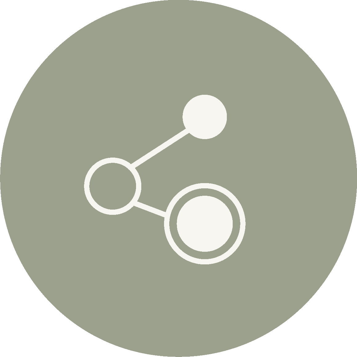 A sage green circle with a white minimalist icon of a network diagram in the center.