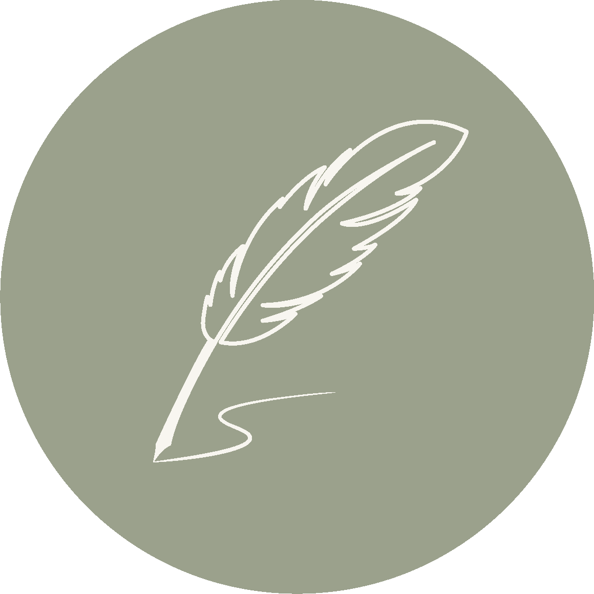 A simple sketch of a feather inside a circle on a sage green background.