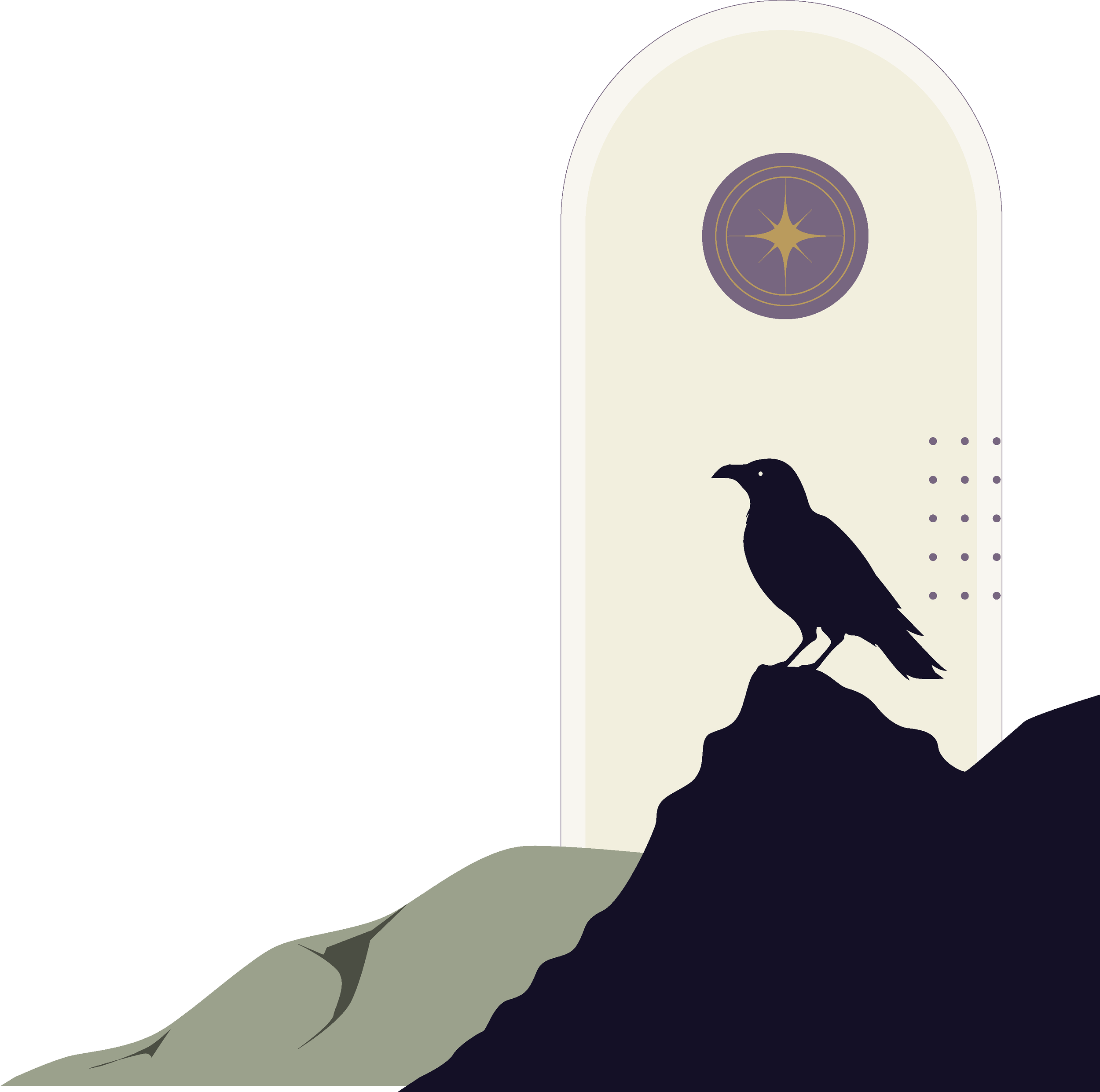 Silhouette of a raven perched on a hill top with shapes indicating a sun.