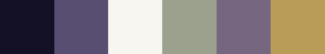 A color palette with six color swatches: obsidian violet, deep violet, bone white, sage green, smoke violet, muted gold.