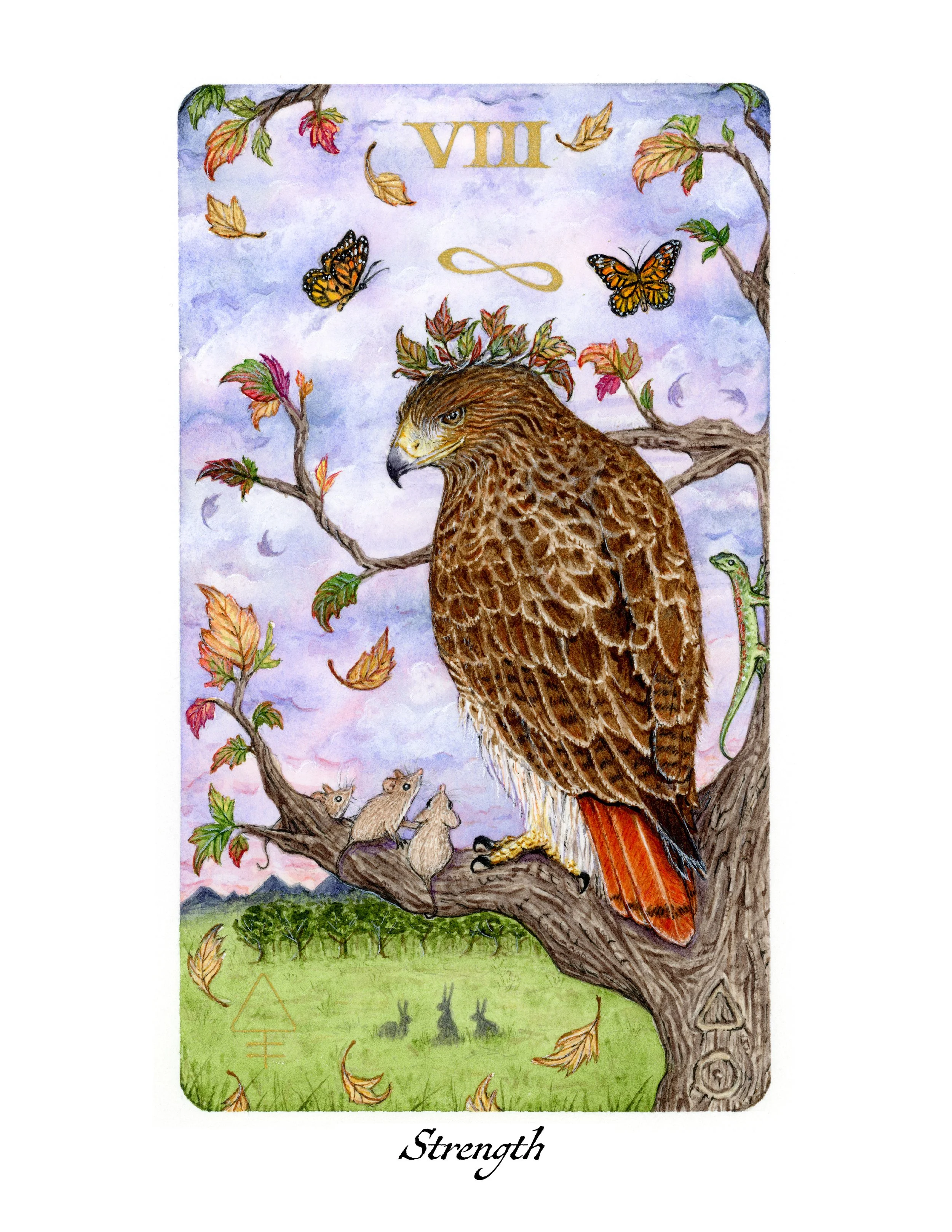 A tarot card titled "Strength" with a large detailed red-tailed hawk perched on a tree branch, surrounded by autumn leaves, butterflies, mice, and a small lizard, set against a landscape with distant mountains and a colorful sky.