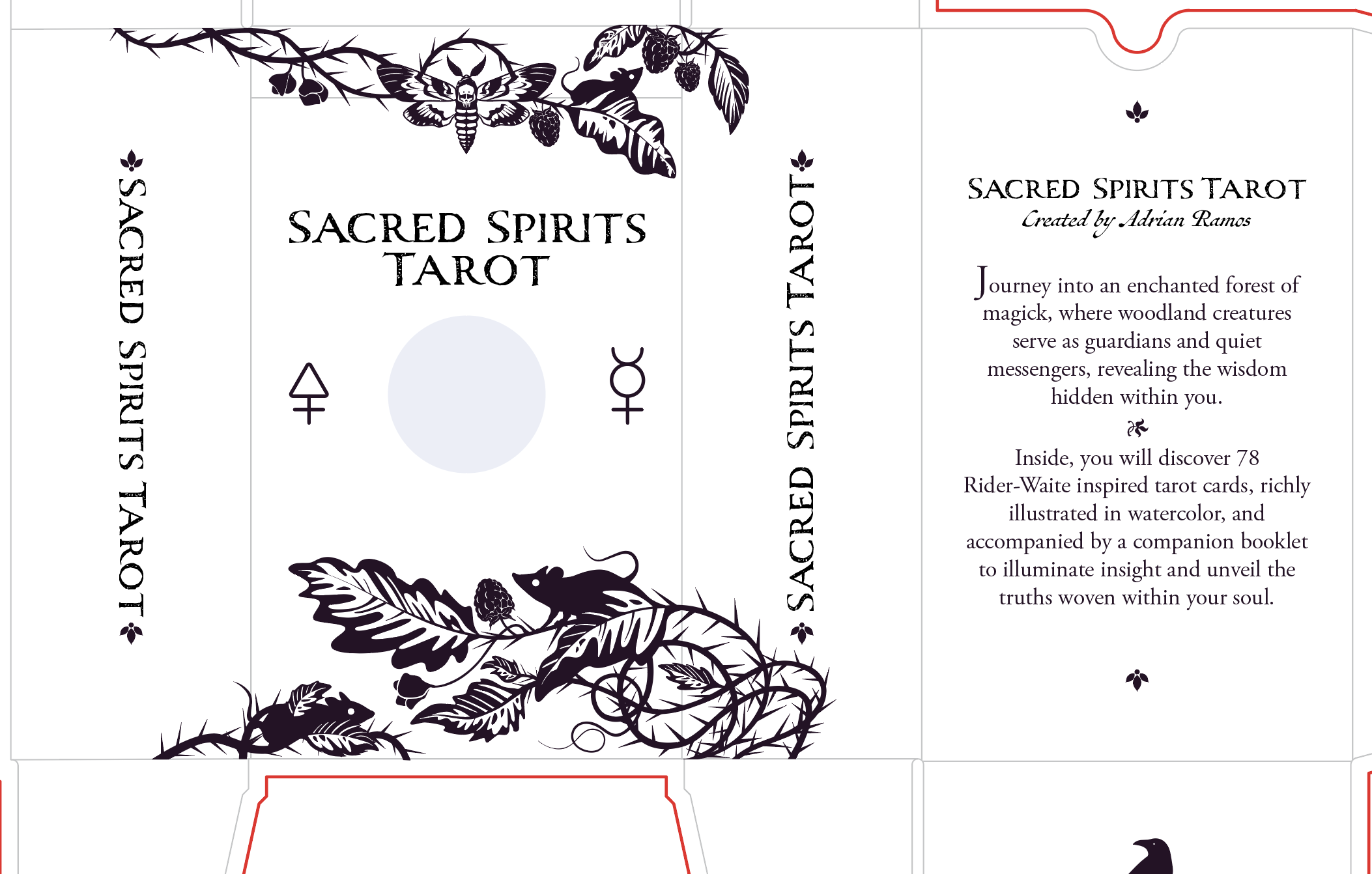 The image shows printed packaging for Sacred Spirits Tarot, created by Adrian Ramos, with black illustrative artwork of a moth, a rat, and botanical elements, and descriptive text about the tarot deck inside.