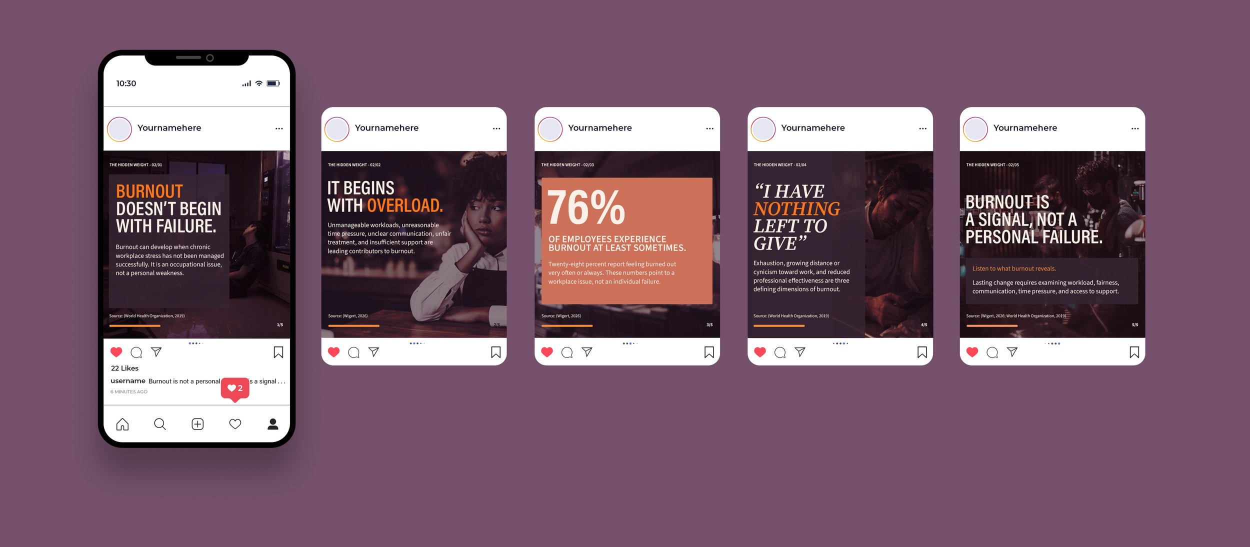 Instagram carousel five-slide concept post regarding understanding where and how workplace burnout begins.