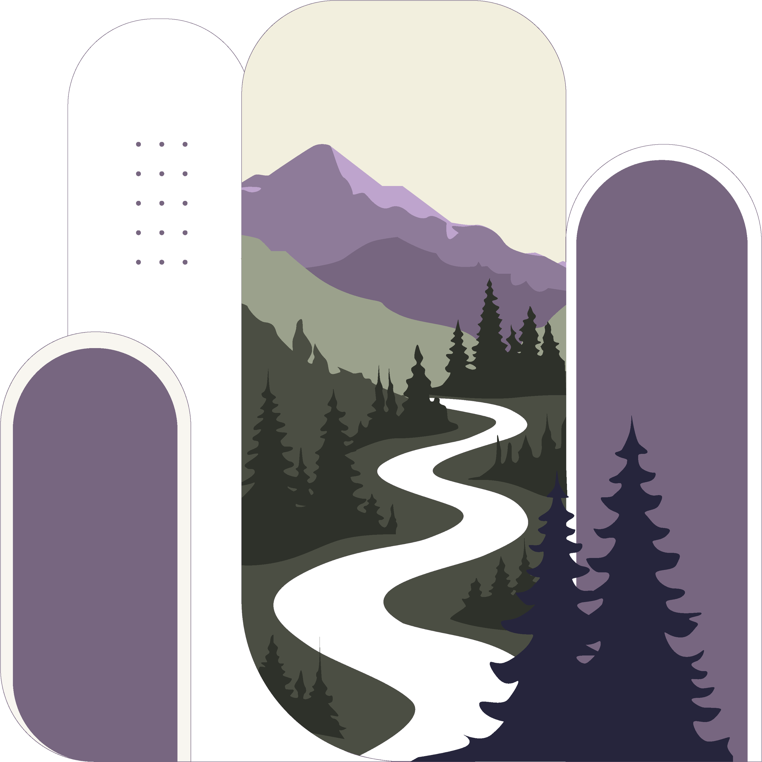 Stylized illustration of mountains, forests, and a river seen through arched window frames in shades of purple and green.