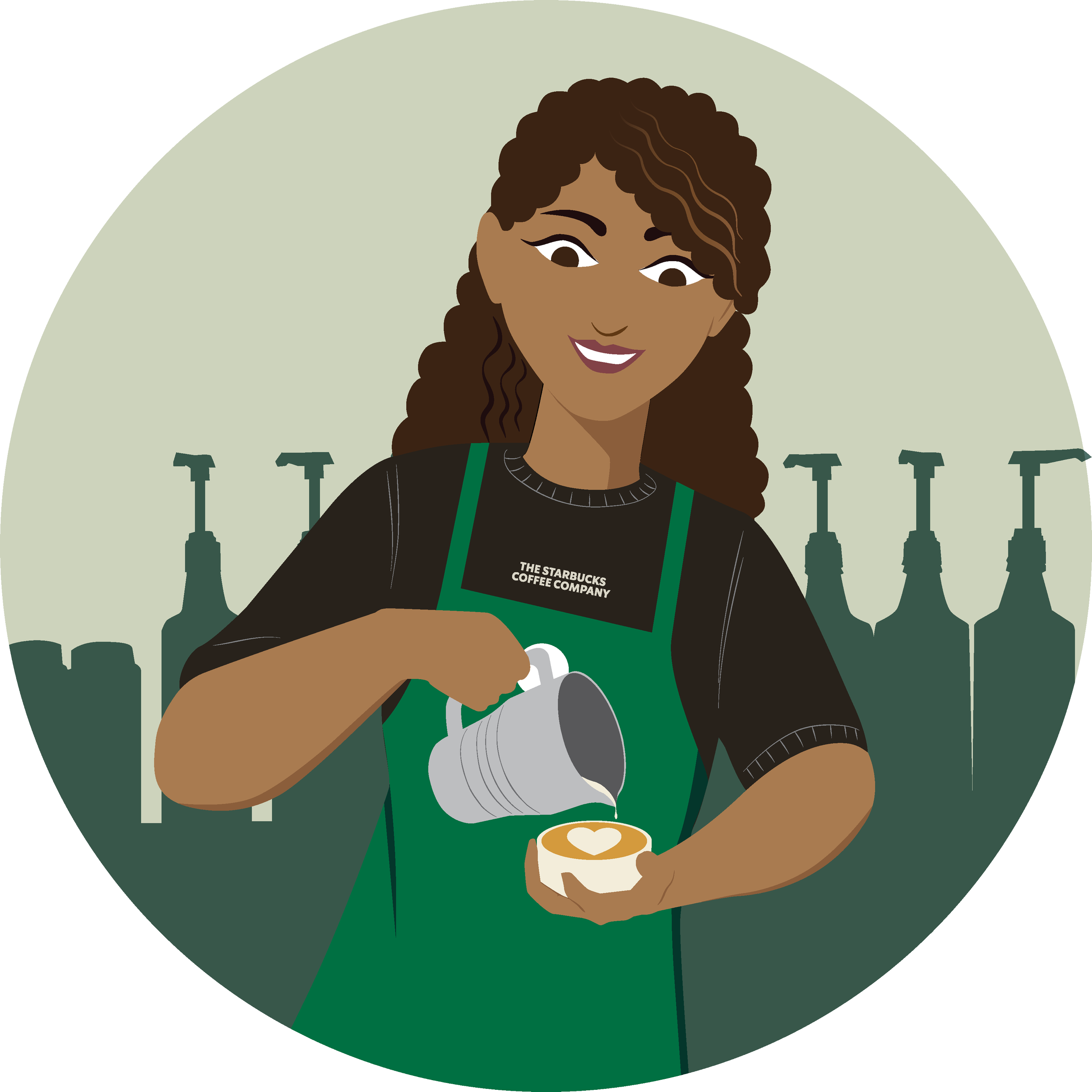 Illustration of a woman with curly brown hair, wearing a Starbucks apron, holding a cup of coffee, creating latte art.