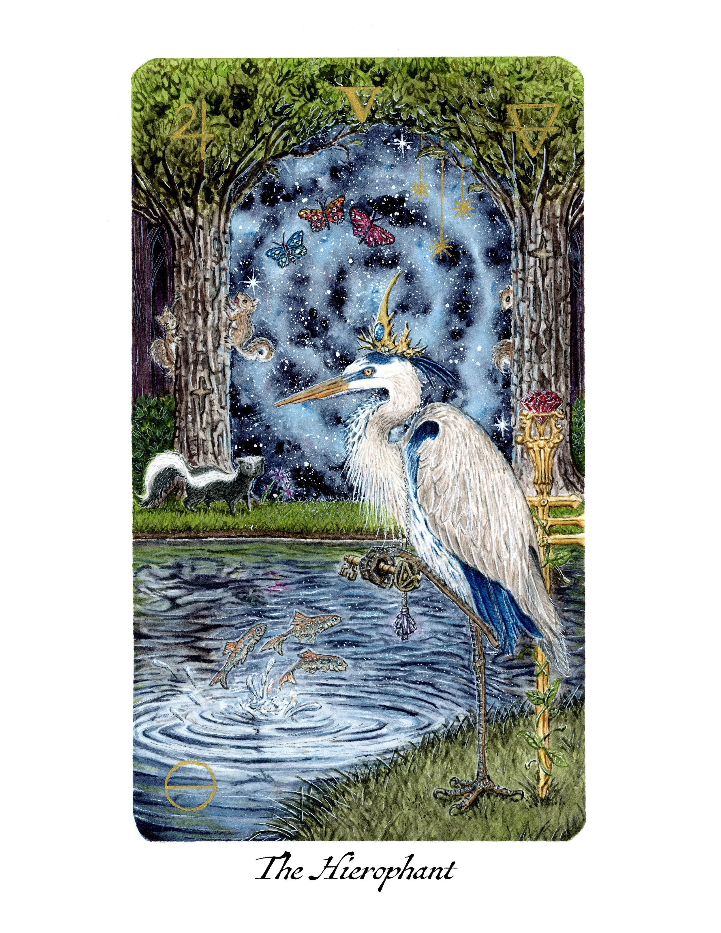 A mystical illustration of a heron with a golden crown standing by a river with fish, surrounded by a forest with tall trees. The sky above shows stars and butterflies, with decorative gold symbols hanging from tree branches. The bottom of the image reads 'The Herophant'.