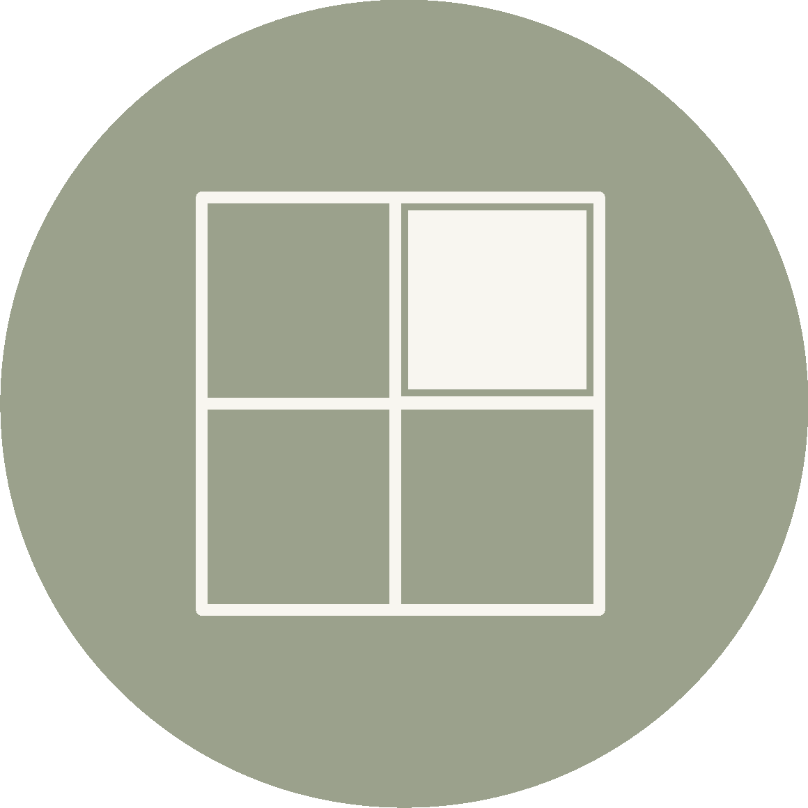 Minimalist icon of a four-pane window frame in a sage green background.