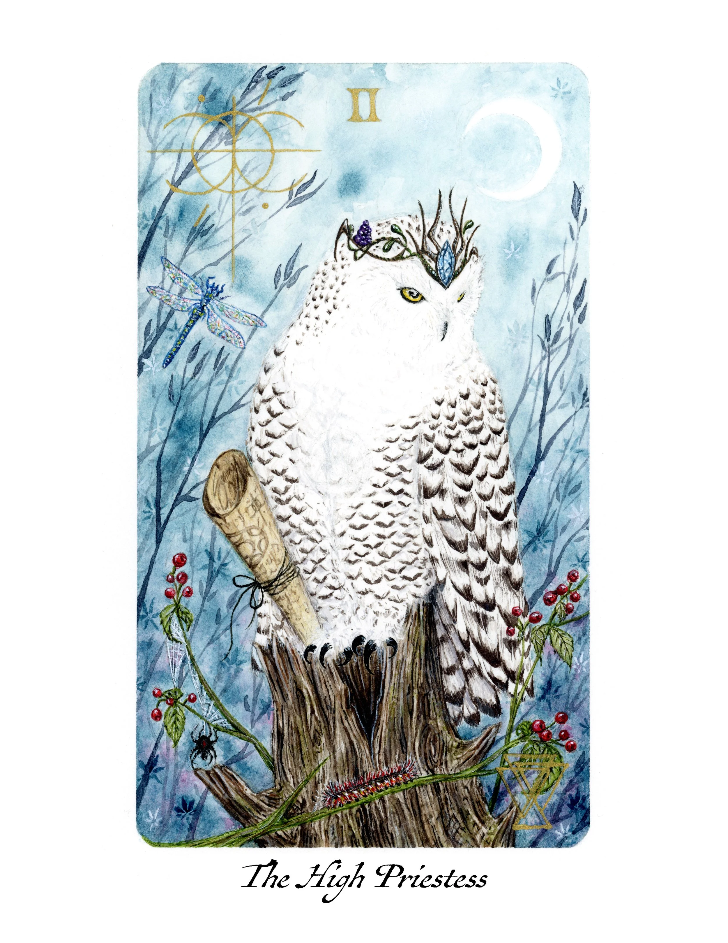 A tarot card called 'The High Priestess' featuring a snowy owl with a blue gem and vine crown, standing on a tree stump in a moonlit, snowy forest with red berries and a spider, under a crescent moon and starry sky.