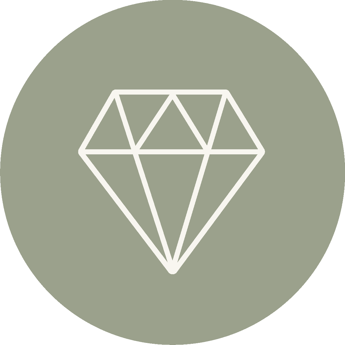 Minimalist white diamond icon on a sage green circular background.