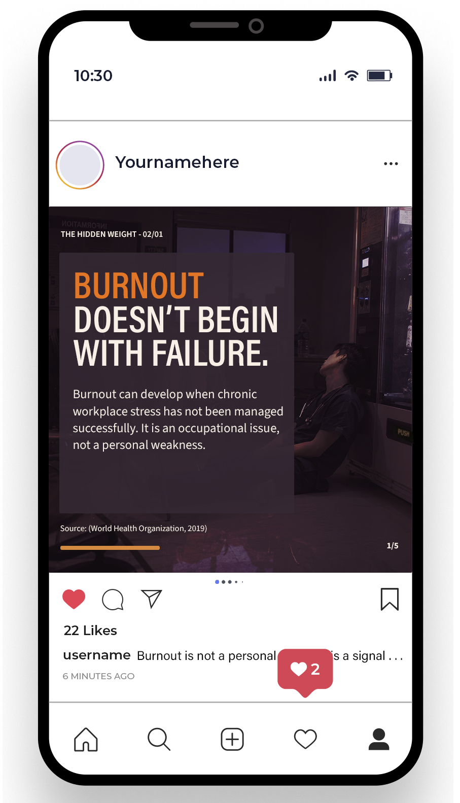 Closeup of phone with Instagram post about burnout in the workplace with an image of a medical nurse sleeping against a vending machine in the breakroom.