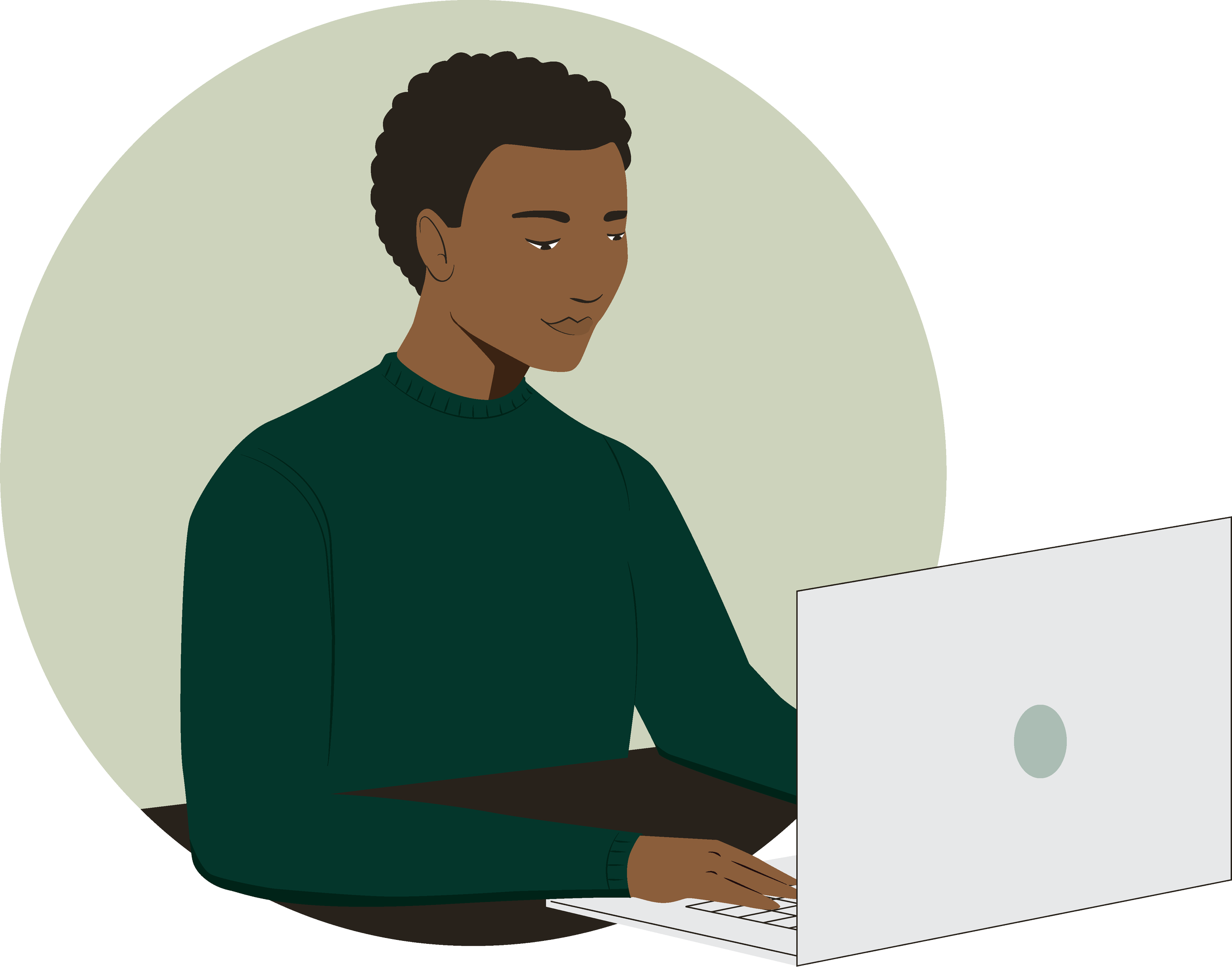 Illustration of a man with short, curly hair and brown skin, working on a laptop while sitting at a desk.
