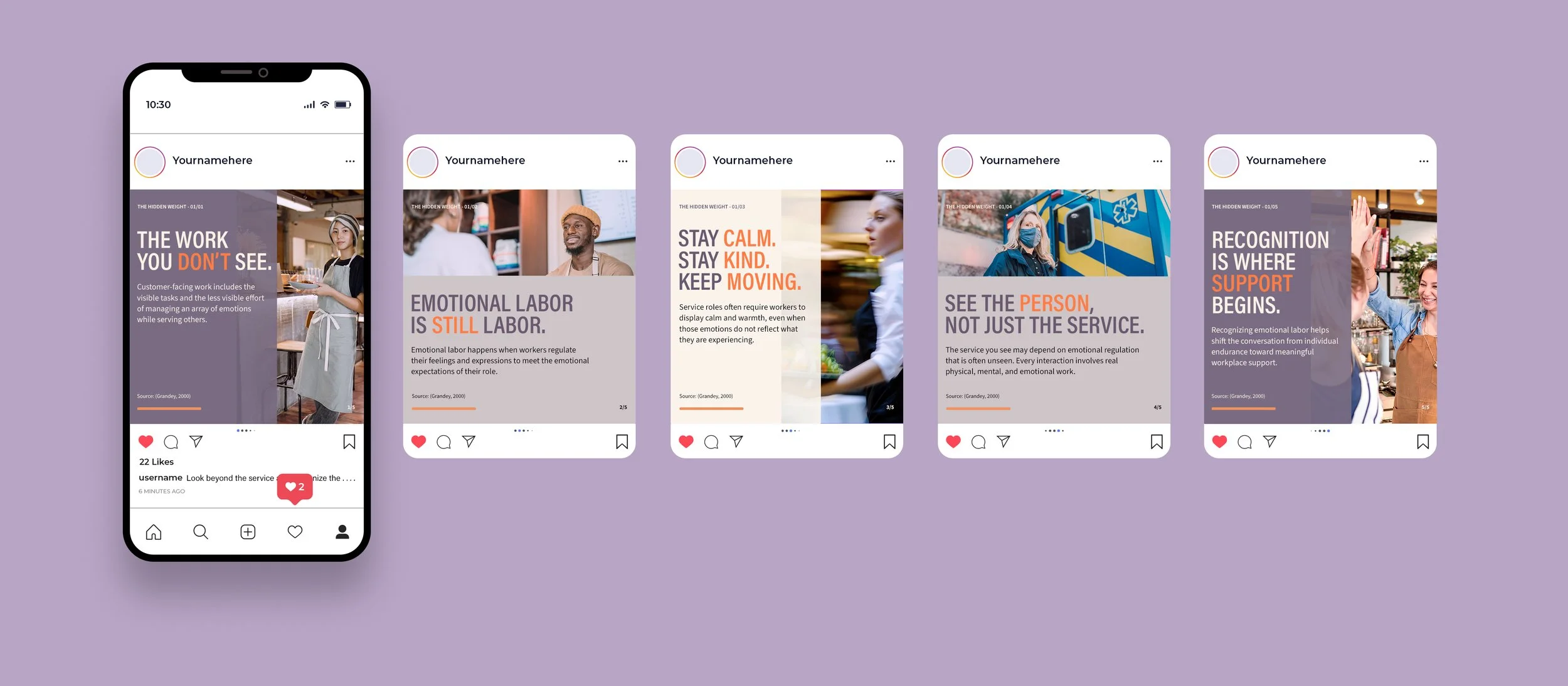 Instagram carousel five-slide concept post regarding recognizing the hidden emotional burden of a workday.