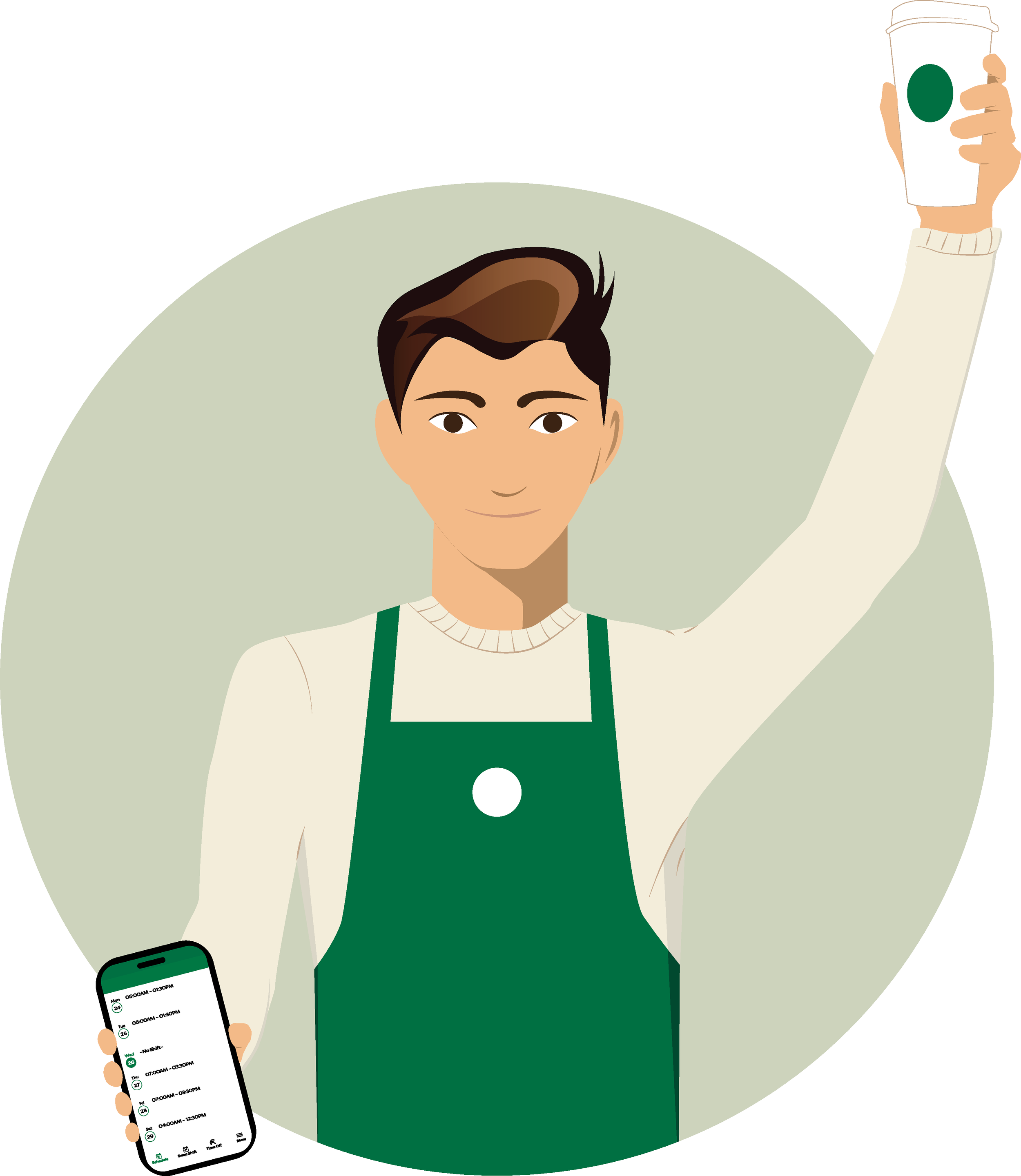 Illustration of a person in green apron and light sweater holding a smartphone showing a weekly schedule, with a coffee cup in the other hand.