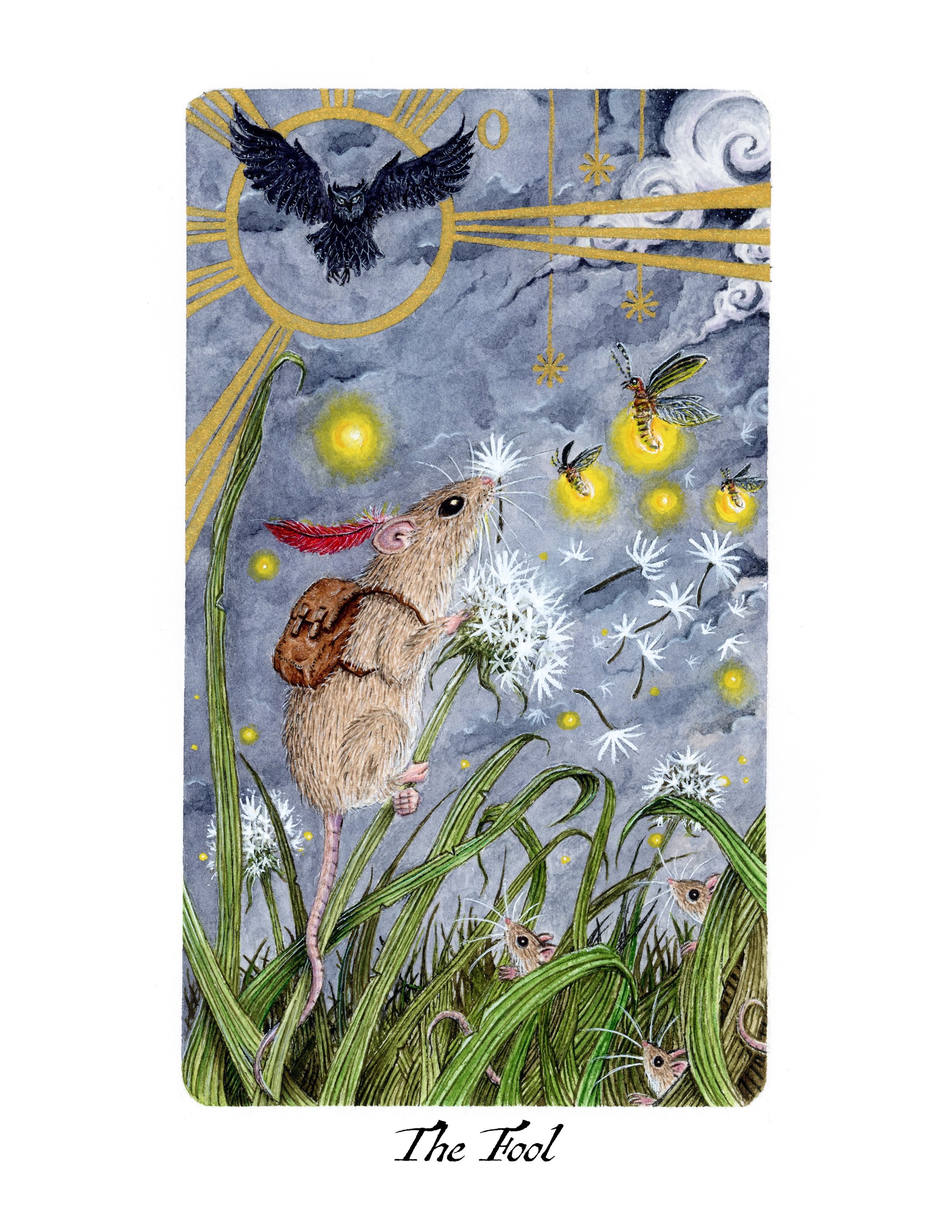 Tarot card titled "The Fool" features an owl flying in a dark and cloudy sky, with yellow rays and stars. A mouse with a backpack stands among tall grass and dandelions, looking upward at the owl with curiosity.
