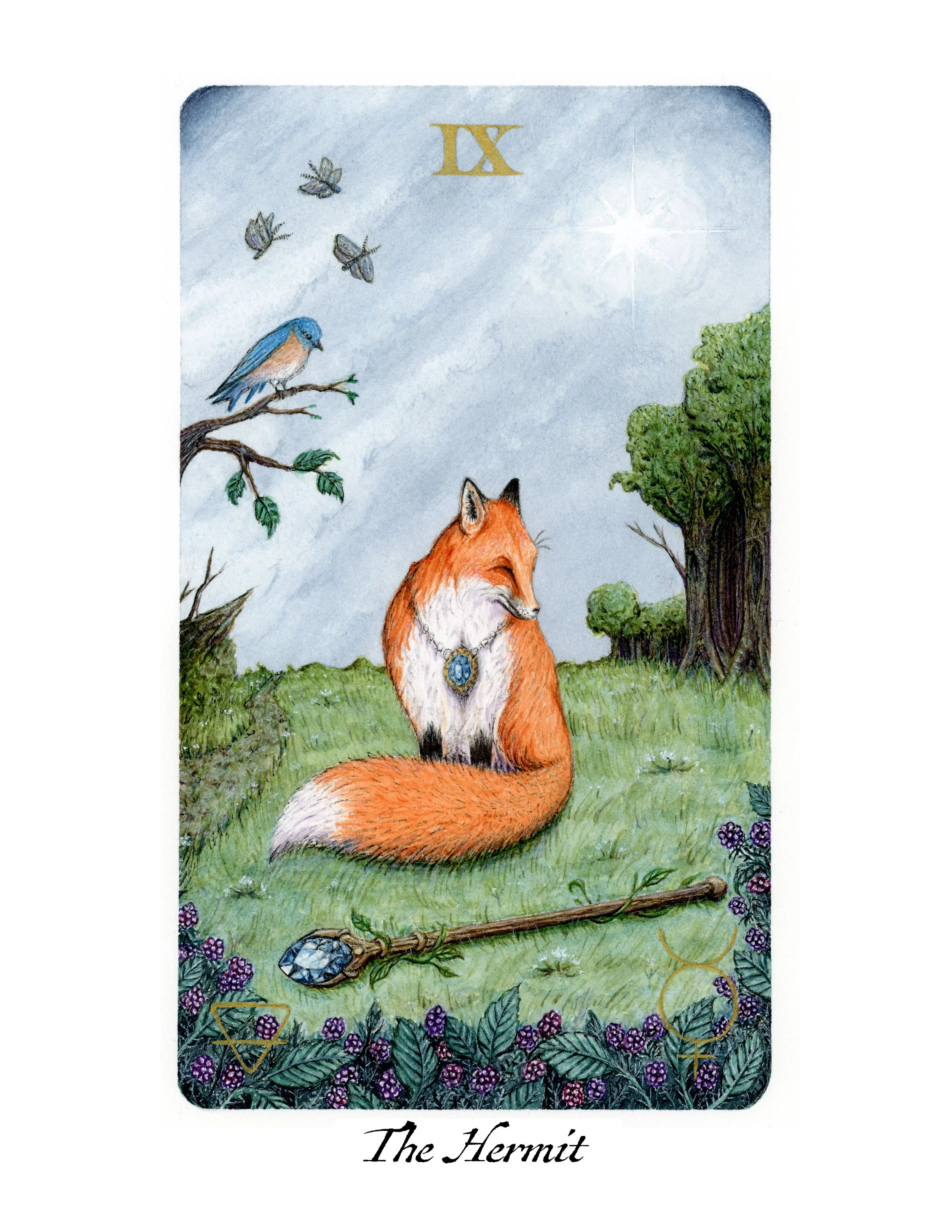 Tarot card titled "The Hermit" featuring a fox sitting on the ground, a butterfly-shaped gem on a stick, and a forest scene with trees, flowers, and blackberries.
