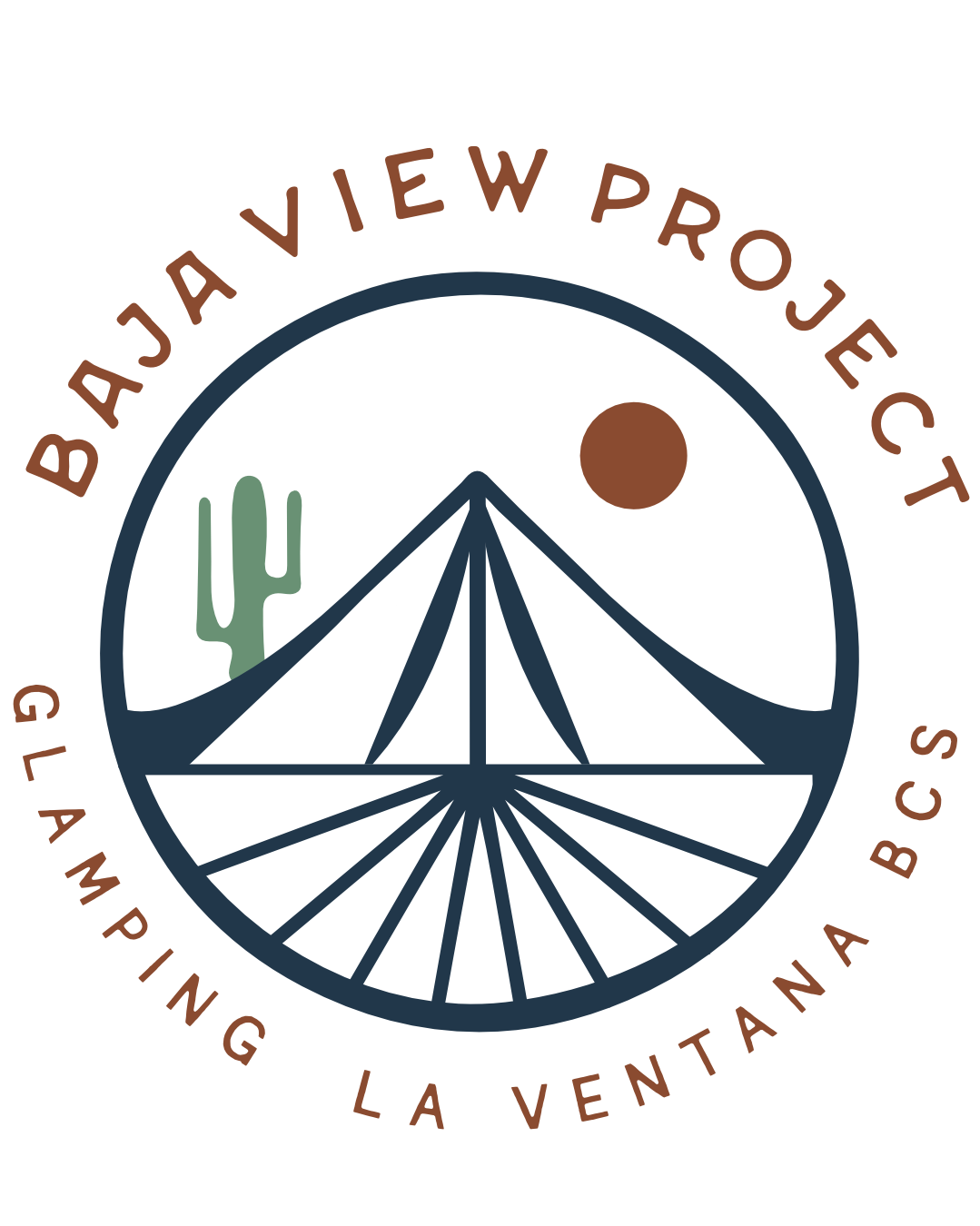 Logo for Baja View Project, featuring a stylized desert scene with a cactus, a mountain, and a sun, surrounded by the text 'Baja View Project' and 'Camping La Ventana BCS'.