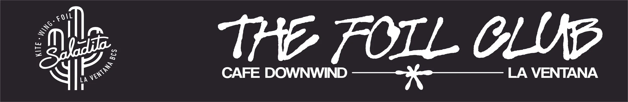 Logo for Saladita kite school & The Foil Club with text and a cactus illustration on a black background.