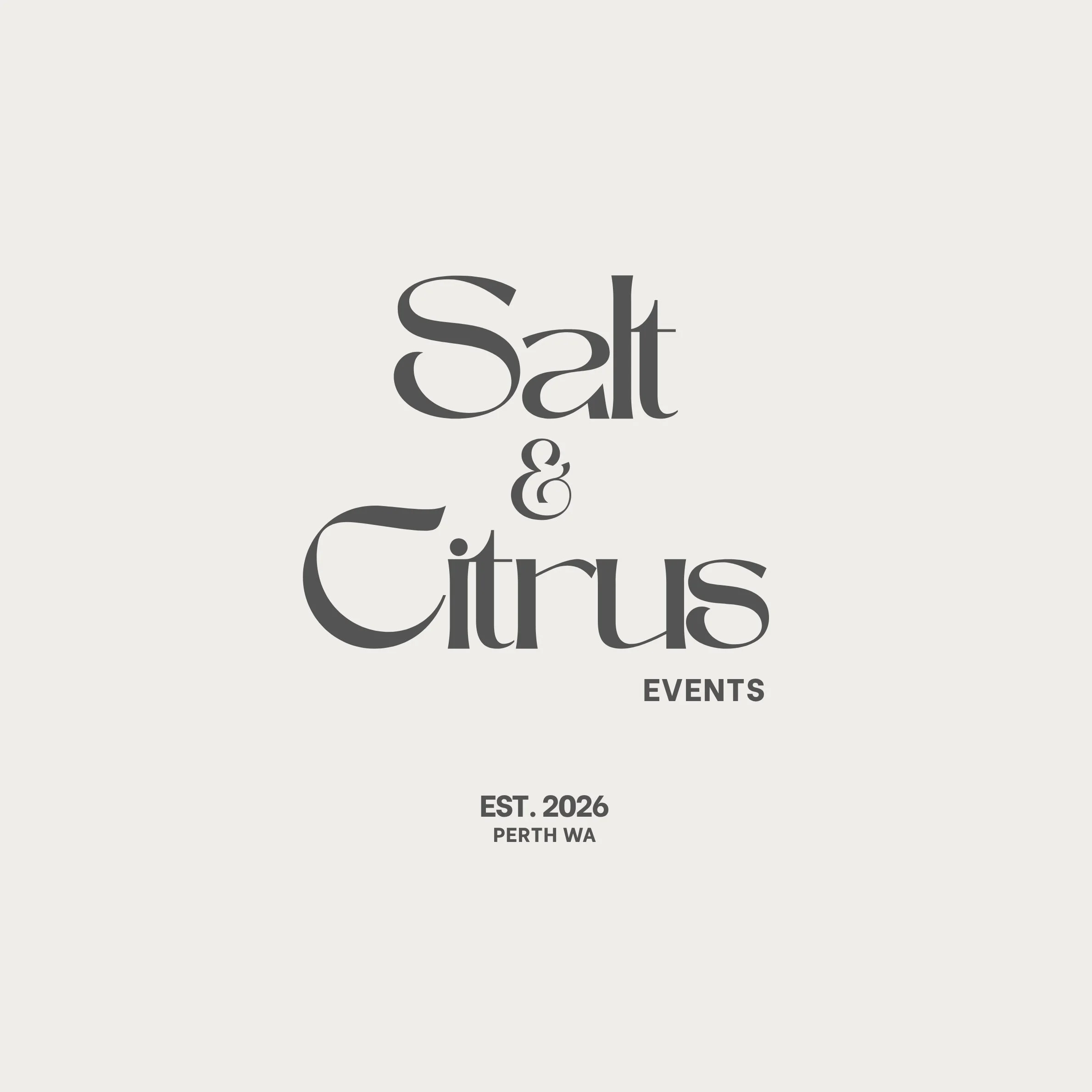 Text graphic with the words 'Salt & Cirrus Events' in large, stylized font, stating established 2026 in Perth, WA.
