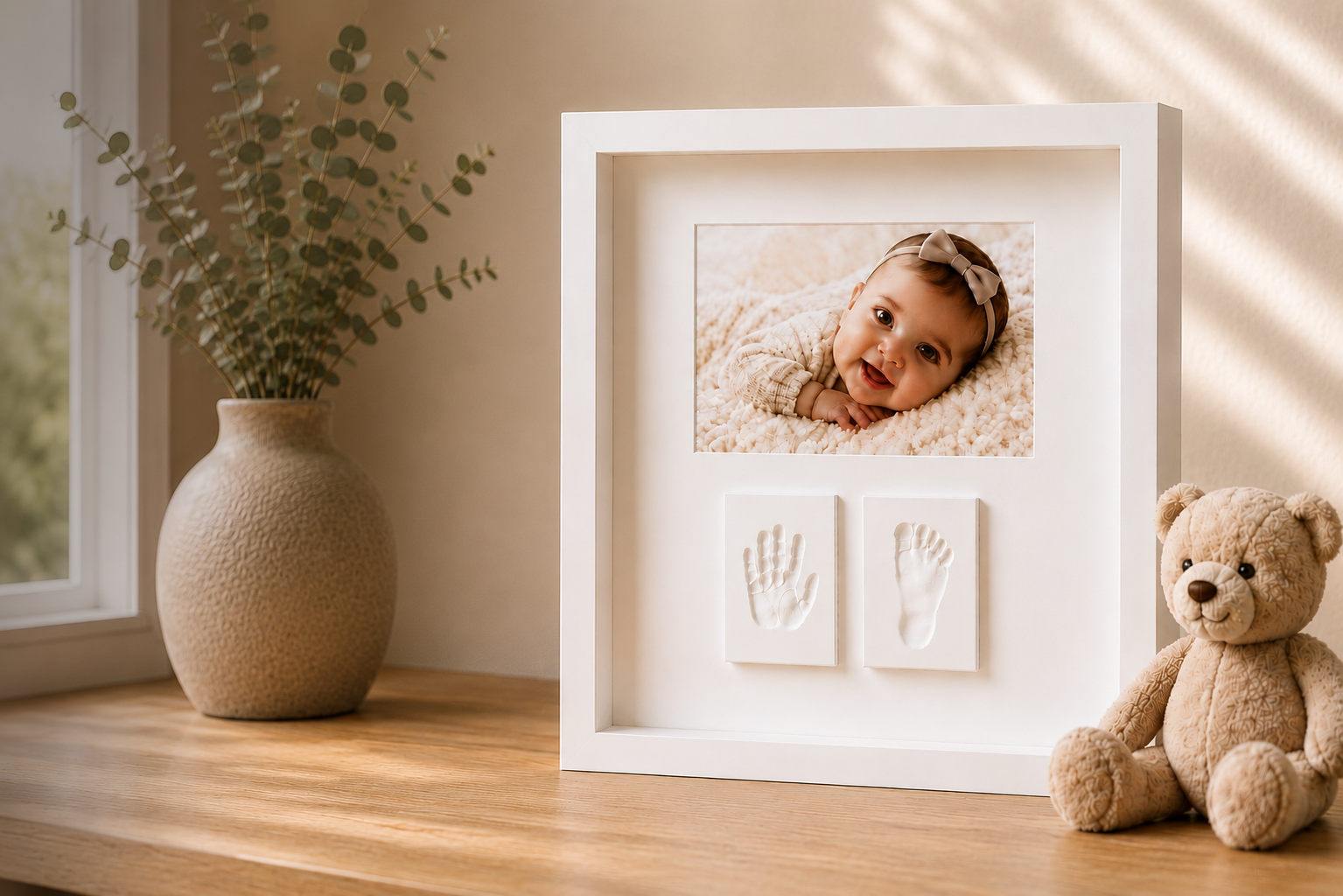 Precious Prints handcrafted baby handprint and footprint keepsake in a white frame with baby photograph, displayed in a bright modern Sydney home.