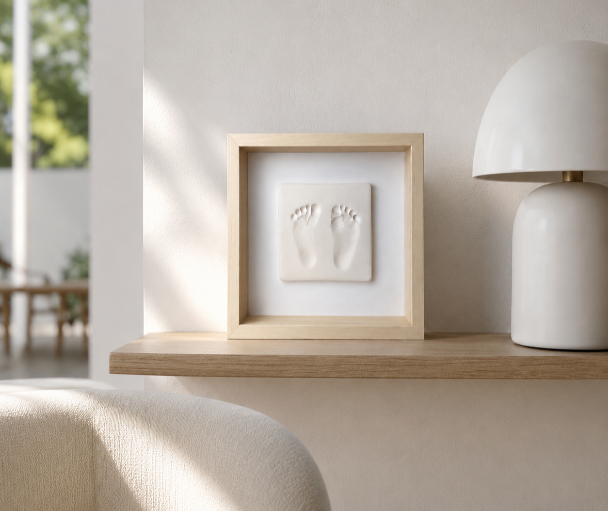Decorative framed ceramic art featuring embossed baby footprints on a wooden shelf next to a white table lamp.