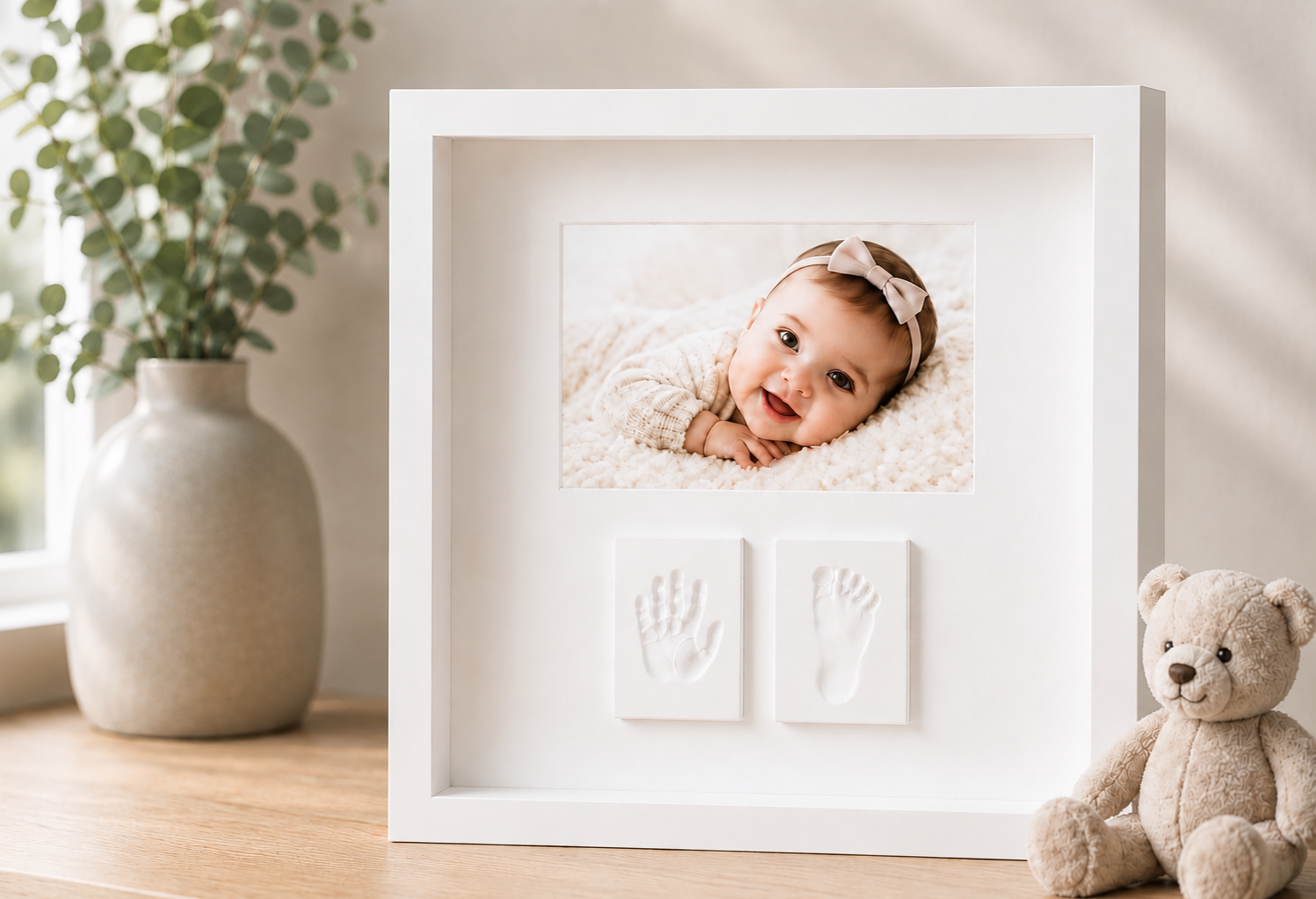 Precious Prints handcrafted baby handprint and footprint keepsake in a white frame with baby photograph, displayed in a bright modern Sydney home.