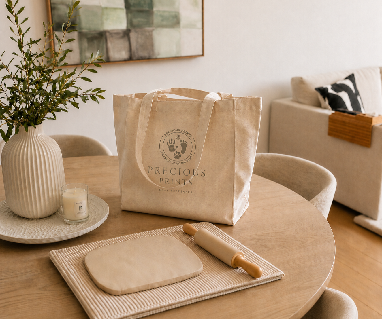 A tan reusable shopping bag with 'Precious Prints' logo on a wooden dining table. Nearby are a potted plant, a candle, a wooden rolling pin, and a beige placemat with a cutting board. In the background, a cream sofa has black and white pillows and a wooden armrest.