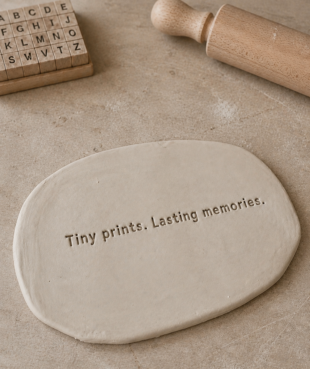 A beige oval pottery piece with the inscription 'Tiny prints. Lasting memories.' on it, surrounded by a wooden rolling pin and a stamp block with alphabet letters, on a textured surface.