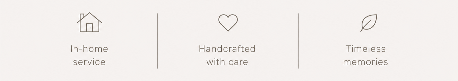 Icons with text reading 'In-home service', 'Handcrafted with care', and 'Timeless memories'.