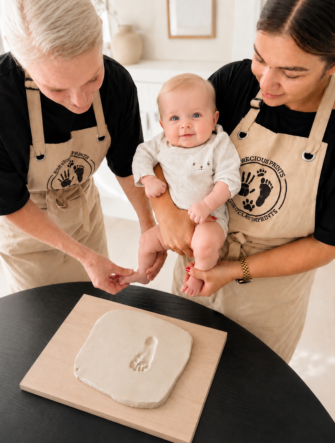 Two women in aprons holding a smiling baby over a table with a clay mold of a baby's footprint