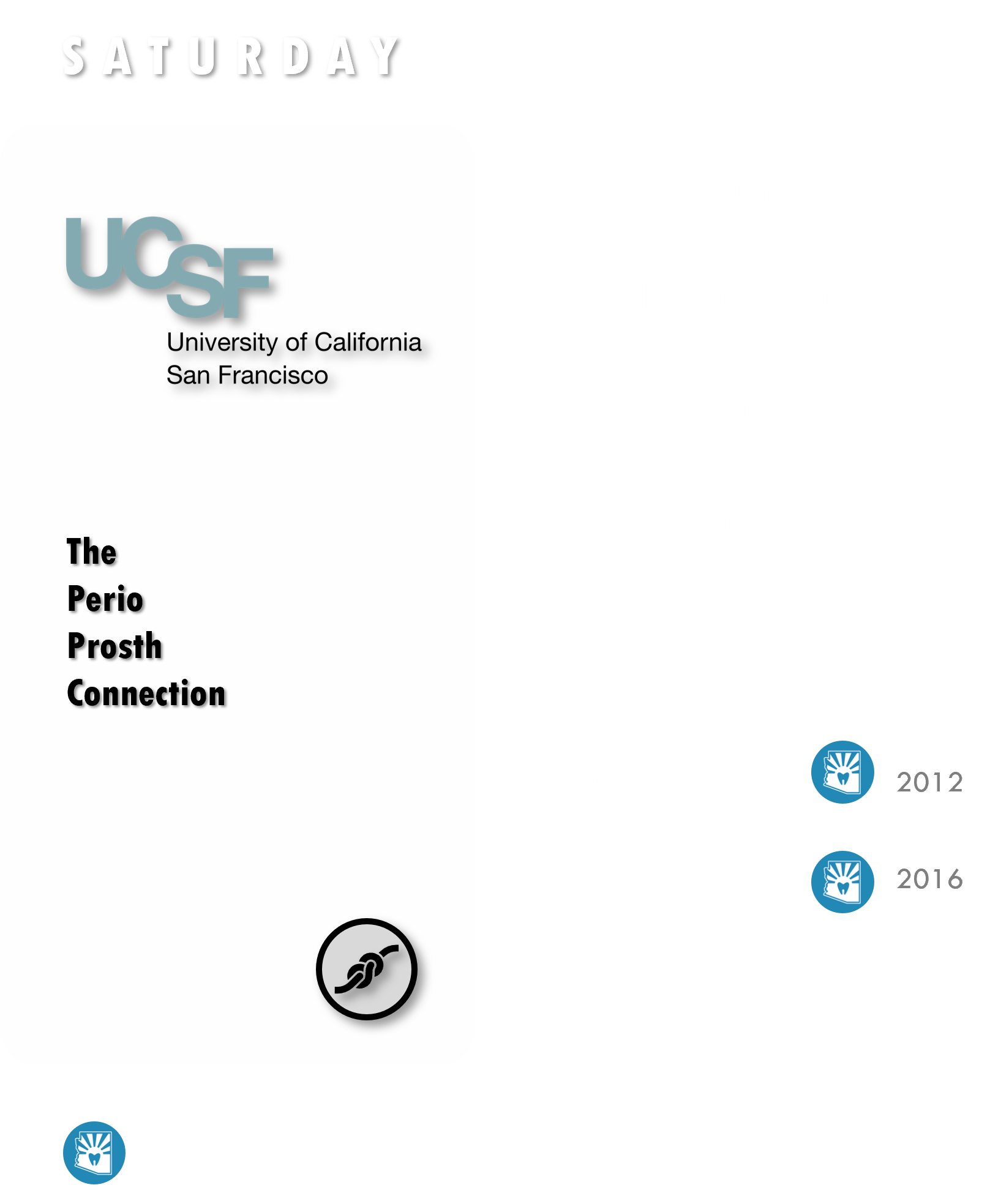 A vertical timeline listing alumni from the University of California, San Francisco. The timeline has a black background and includes names such as Kirk Pasquinelli, Arun Sharma, Craig Yonemura, Katie Martin, and Gary Morris. Each name is accompanied by a small blue and white icon resembling a school emblem and the year of graduation from 2012 to 2016.