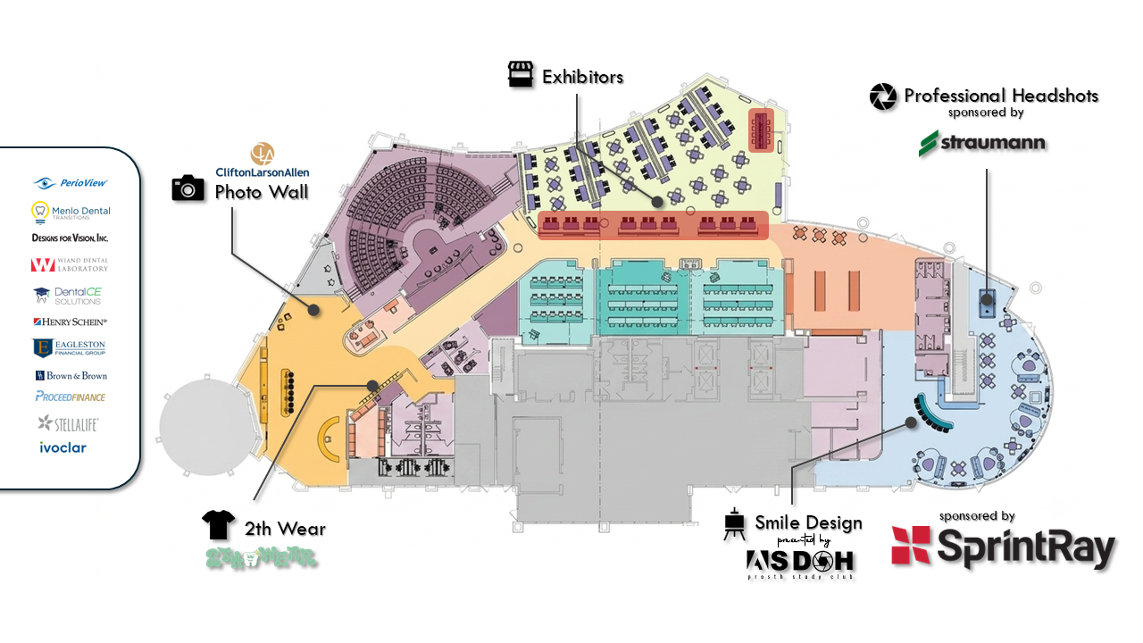 Floor plan layout of an event space with various sections, including a photo wall, exhibitor areas, a 2nd wear clothing section, professional headshots, a smile design area, and seating zones, with sponsor logos from SprintRay, Straumann, and others.