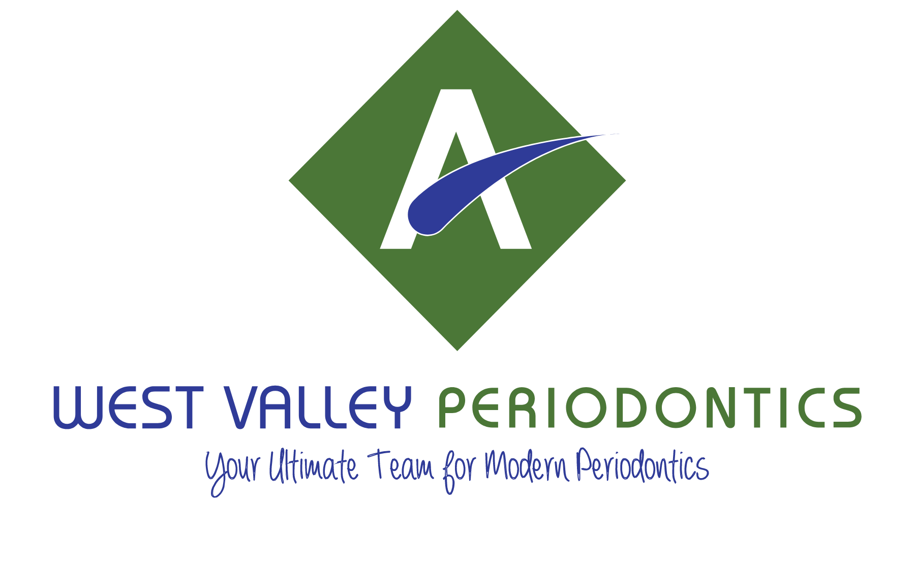Logo for West Valley Periodontics featuring a stylized white 'A' with a blue swoosh on a green diamond background, with the slogan 'Your Ultimate Team for Modern Periodontics'.