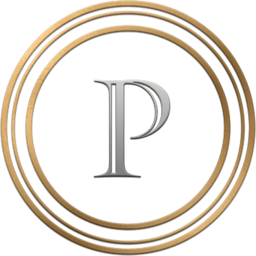 A black background with the letter 'P' in the center, surrounded by three gold concentric rings.