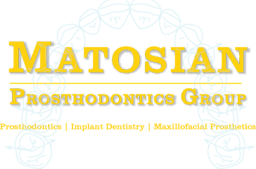 Logo for Matosian Prosthodontics Group featuring a stylized dental arch with teeth and a blue decorative design.