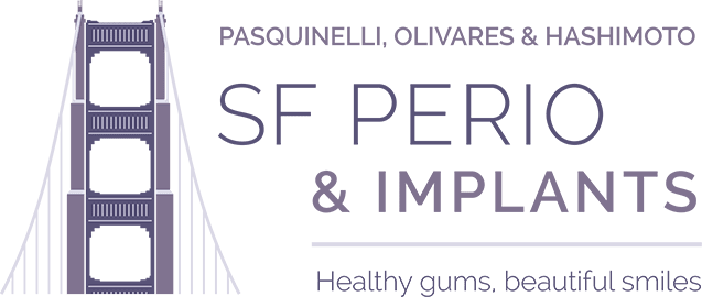 Logo featuring a stylized illustration of the Golden Gate Bridge with text promoting SF Perio & Implants and emphasizing healthy gums and beautiful smiles.