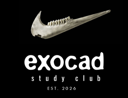 A stylized shark jaw with sharp teeth above the words 'exocad study club,' and 'EST. 2026' on a black background.