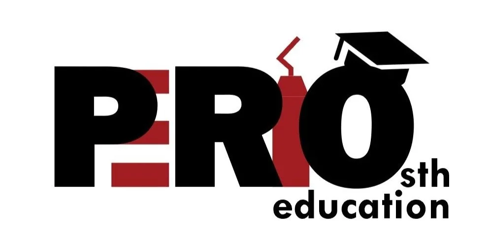 Logo for 'Pro 5th Education' with the letter 'E' stylized as a red university building, the letter 'I' as a red firecracker, and the letter 'O' as a black graduation cap.