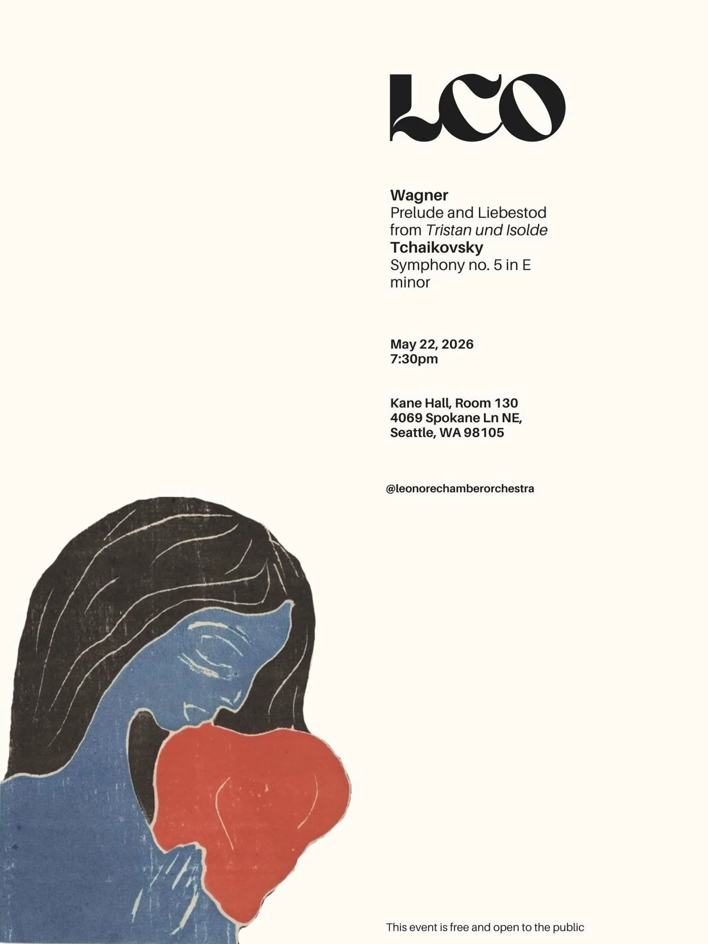 Our final concert of the season is less than a month away!

Please join us for Tchaikovsky&lsquo;s Symphony no. 5 in E minor, and Wagner&lsquo;s Prelude and Liebestod from Tristan und Isolde on May 22, 2026.

This event is free and open to the public