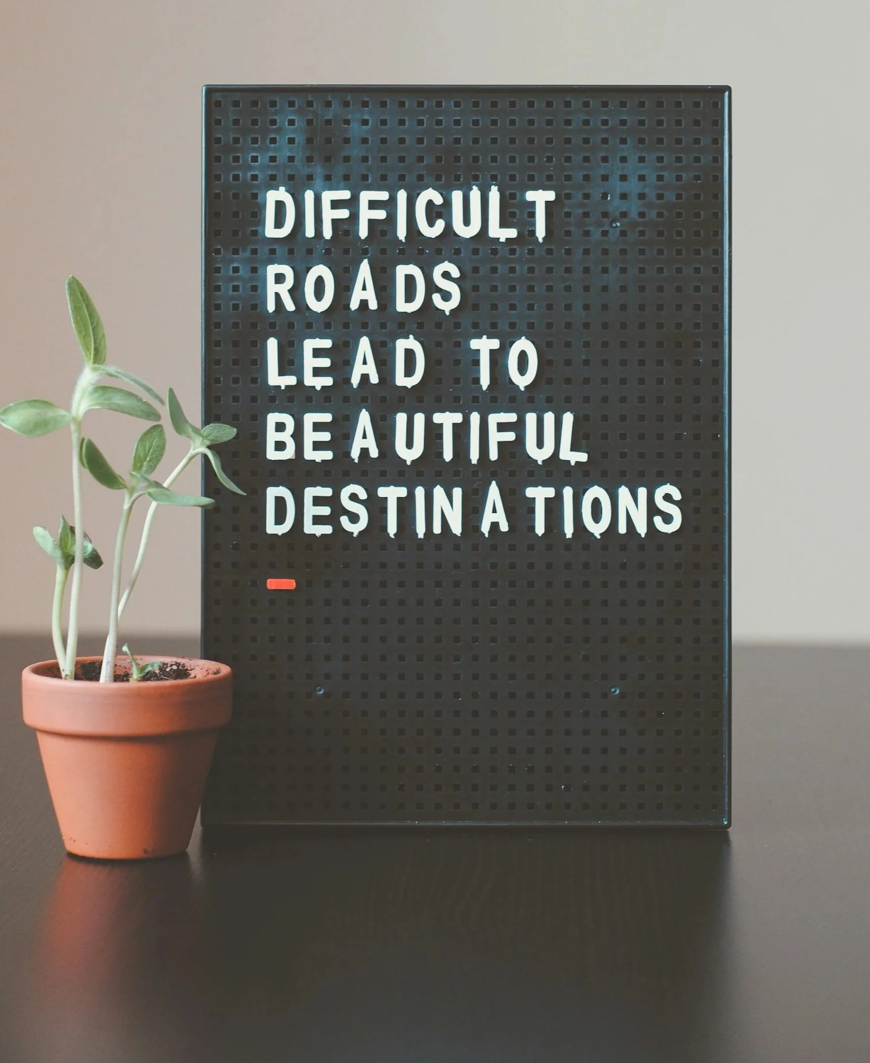 A black letter board with white lettering saying "Difficult roads lead to beautiful destinations" next to a small potted plant with green leaves on a black surface.